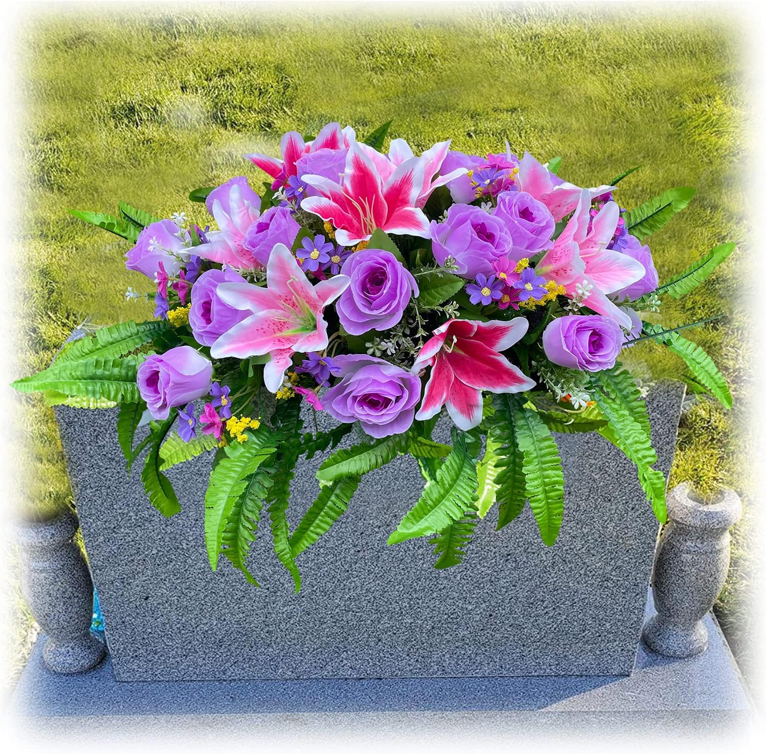 Zeyune Artificial Cemetery Flowers Realistic Vibrant Roses Headstone Flower Saddle