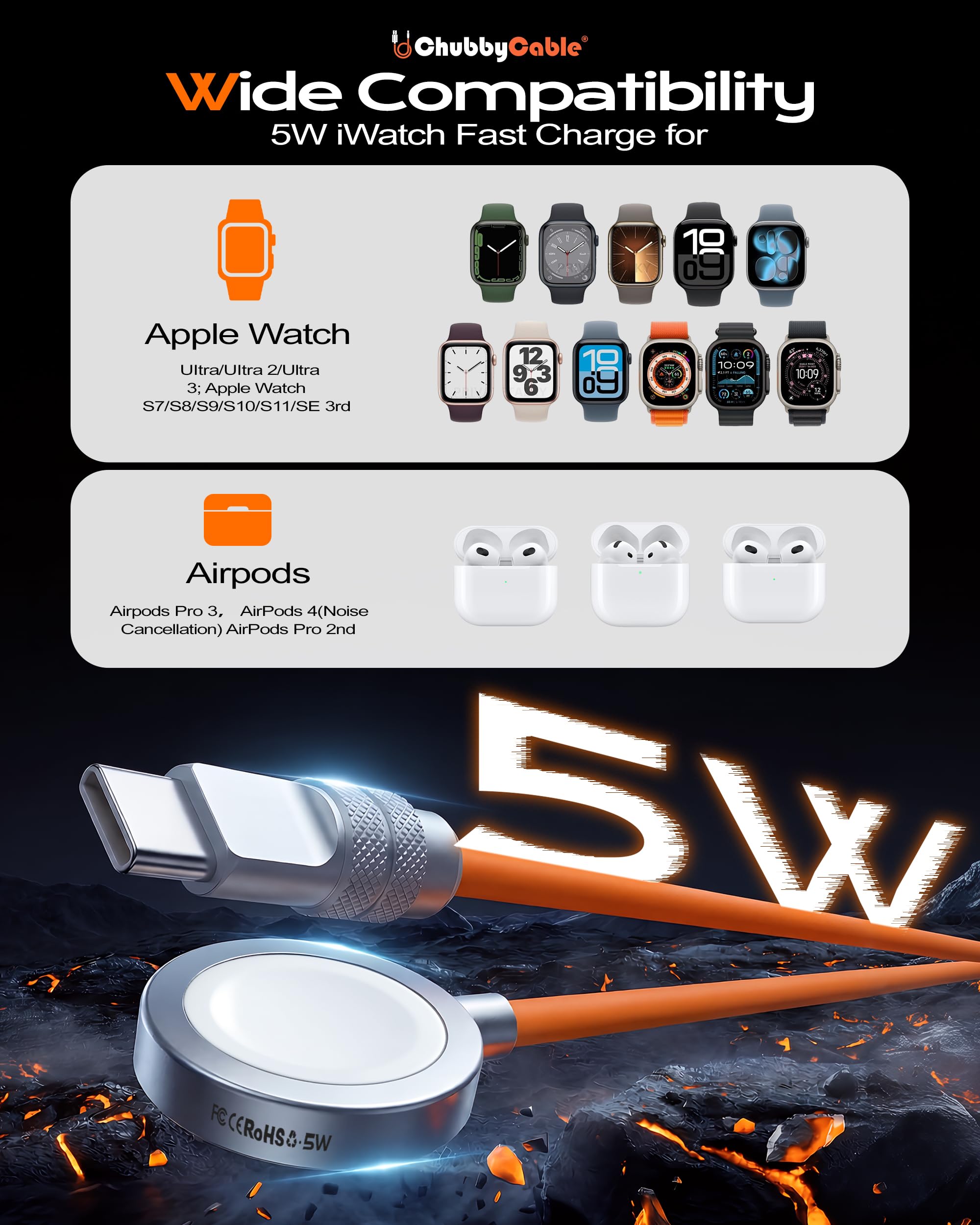 chubbycable Caricabatterie magnetico per Apple Watch Cavo USB-C portatile 1,2 m morbido silicone cavo di ricarica compatibile con Apple Watch Series 11/10/9/8/7 SE Ultra 3/2 AirPods custodia di