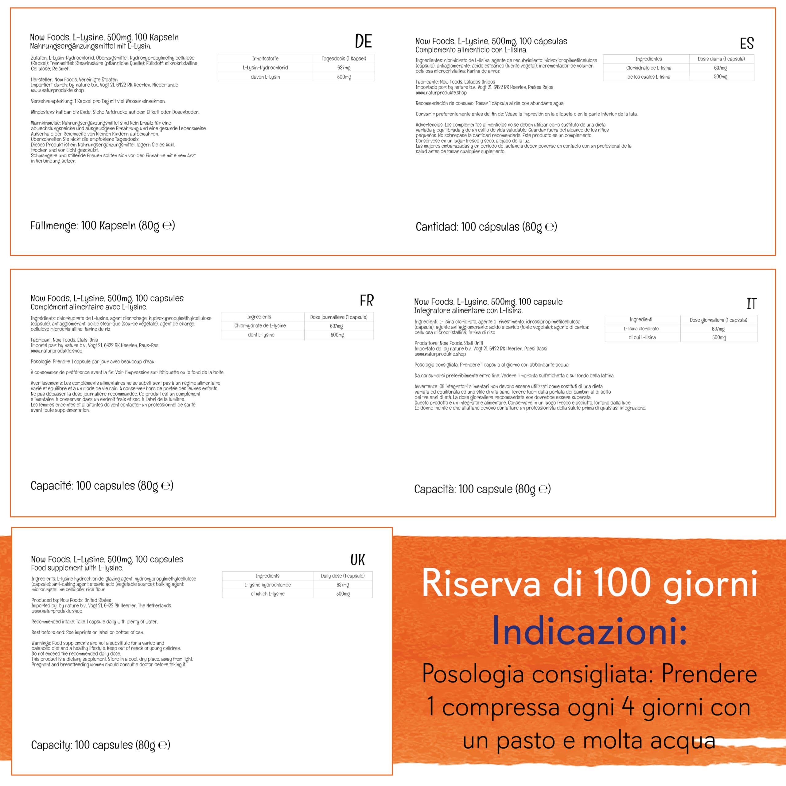 Now Foods, L-Lysine, 500mg, 100 Capsule vegane, Aminoacido, Testato in Laboratorio, Senza Glutine, Senza Soia, Senza OGM