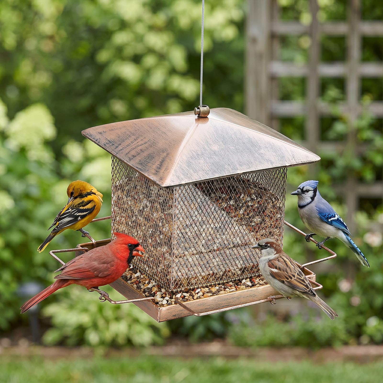 Comedero para pájaros, comedero de metal resistente para colgar al aire libre, comedero para pájaros silvestres con hebilla para jardín, patio exterior, patio, gran capacidad de 3.5 libras