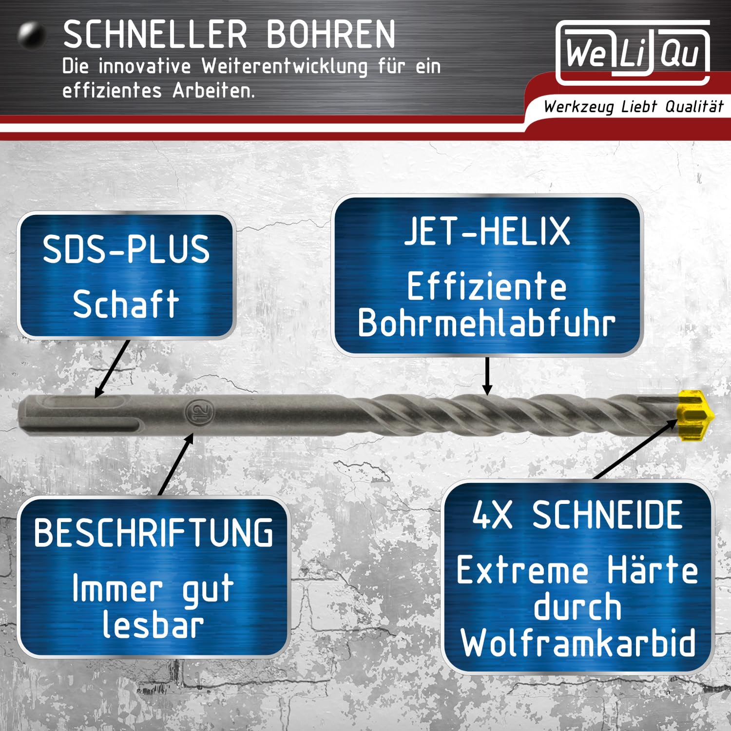 WELIQU TopCut SDS-PLUS X Hammerbohrer Set für Stahlbeton, 7-teilig, Ø 5-12 mm SDS Plus Bohrer Set für Beton, Betonbohrer, Steinbohrer