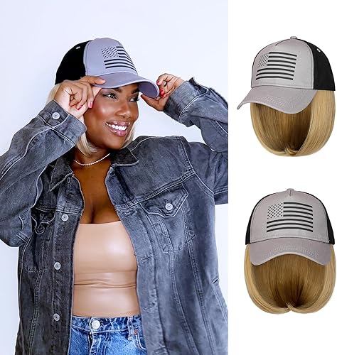 AynnQueen Pelucas de gorra de béisbol con bandera estadounidense con extensiones de pelo corto estilo Bob para mujer