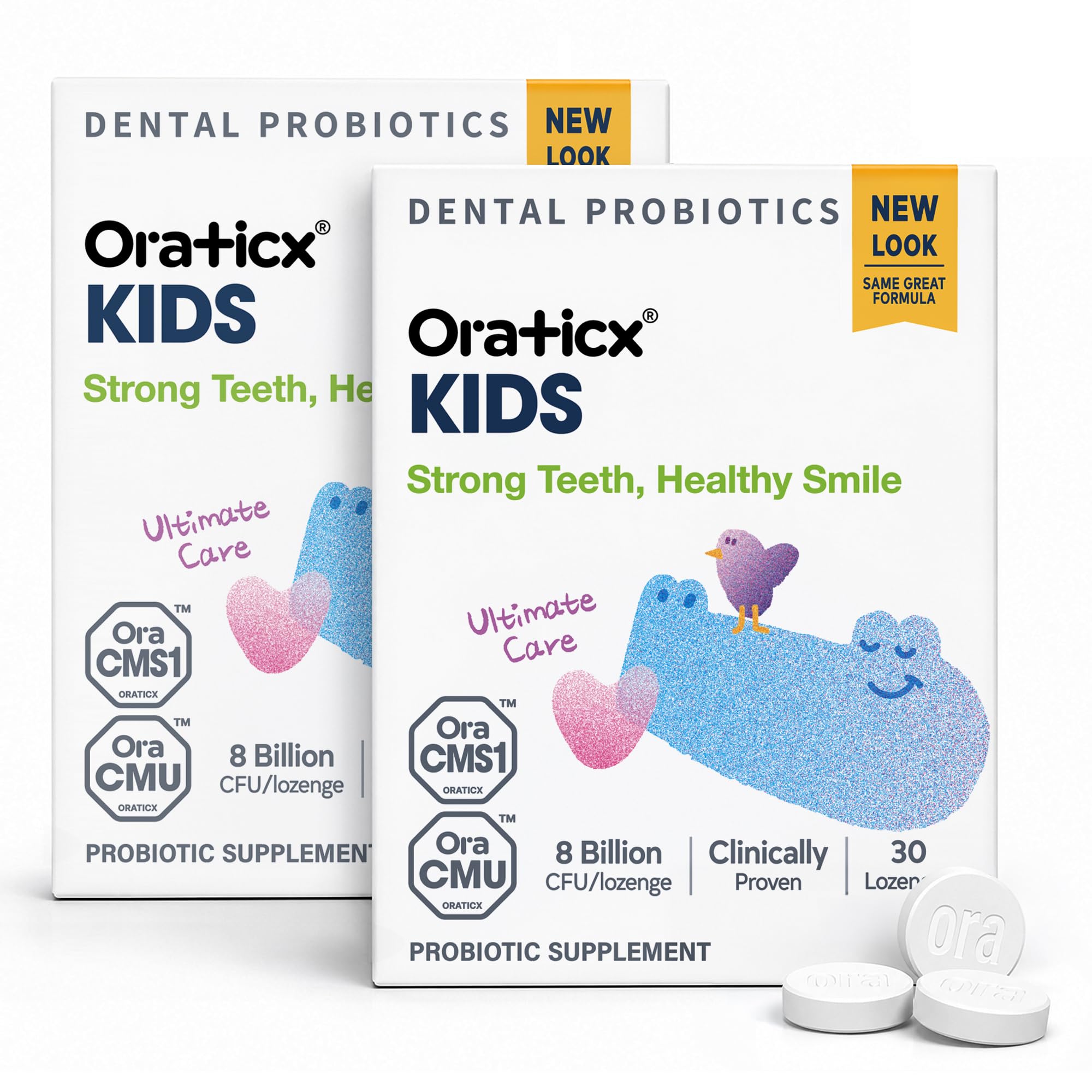 OraTicx Probiótico oral infantil com Weissella cibaria CMU e CMS1, 8 bilhões de UFC, 60 pastilhas