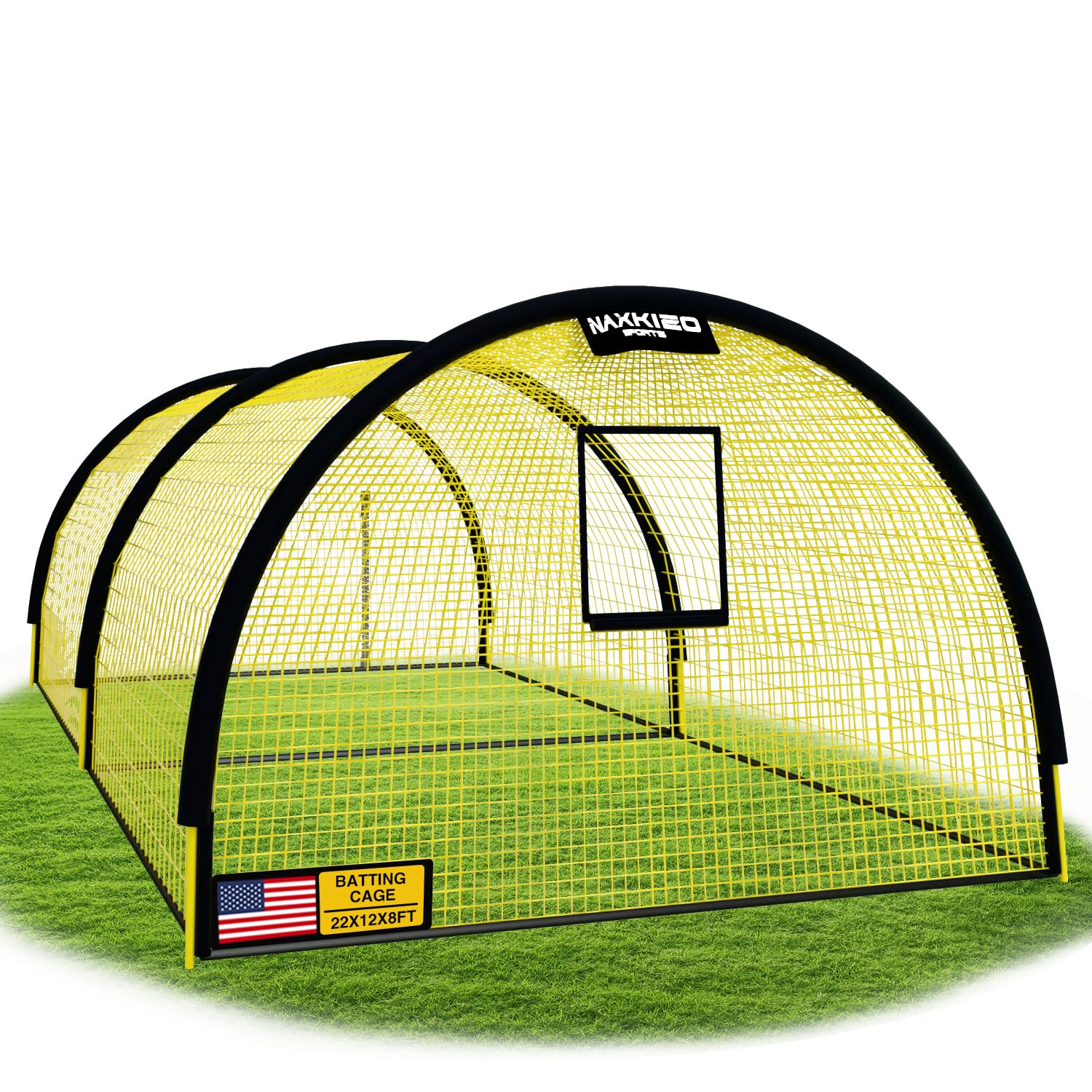 NaxKizo 22ft x 12ft x 8ft Baseball Batting Cage Net with Pitching Machine Hole, Portable Batting Cages for Backyard, 4ply Yellow Netting, Zippered Backing Door
