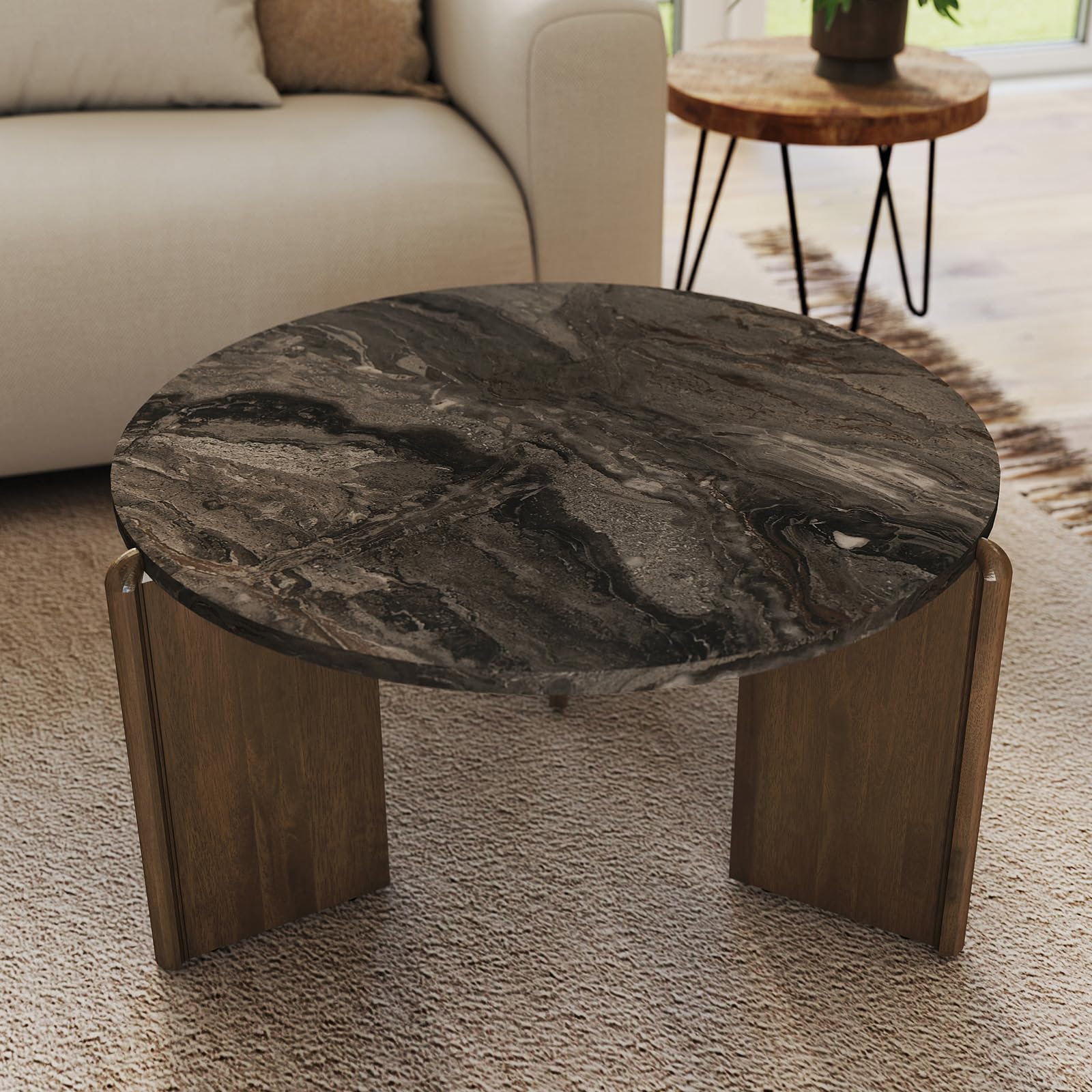 Travertine Texture Coffee Table 31.5 inch Modern Faux Marble Coffee Table Low Circle Center Table for Living Room Round Accent Table with Three-Legs