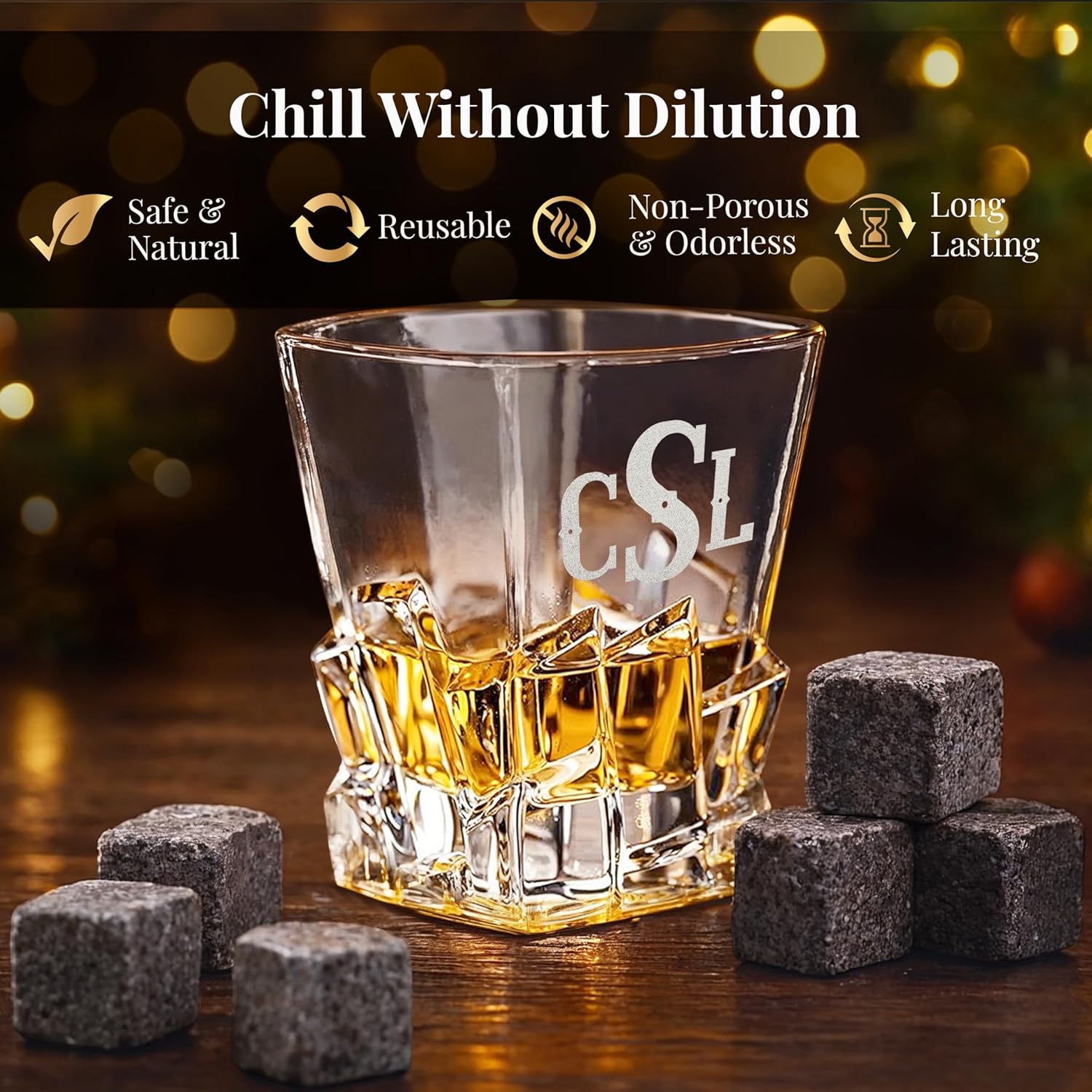 Custom Engraved Monogram 3 Initials Dot Chunky Heavy Liquor/Bourbon Decanter with Glasses, Whiskey Stones, Coasters & Tongs, Premium Whiskey Gift Set for Men, Husband, Dad