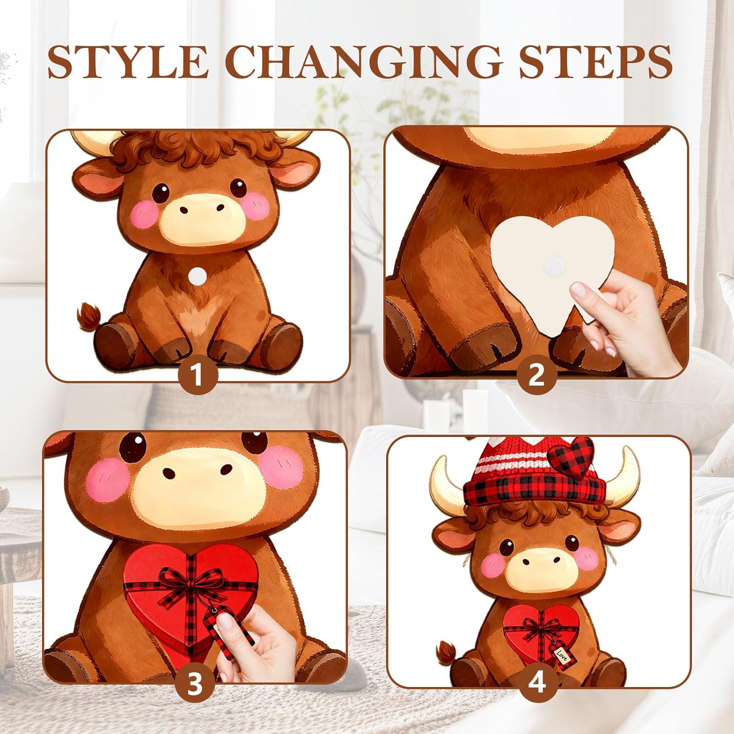 Interchangeable Wooden Highland Cow Decorations, Christmas Hanging Wall Door Decor, Holiday Seasonal Decor and Detachable Hats Welcome Sign, Farmhouse Hanging Sign for Front Door, 32 PCS