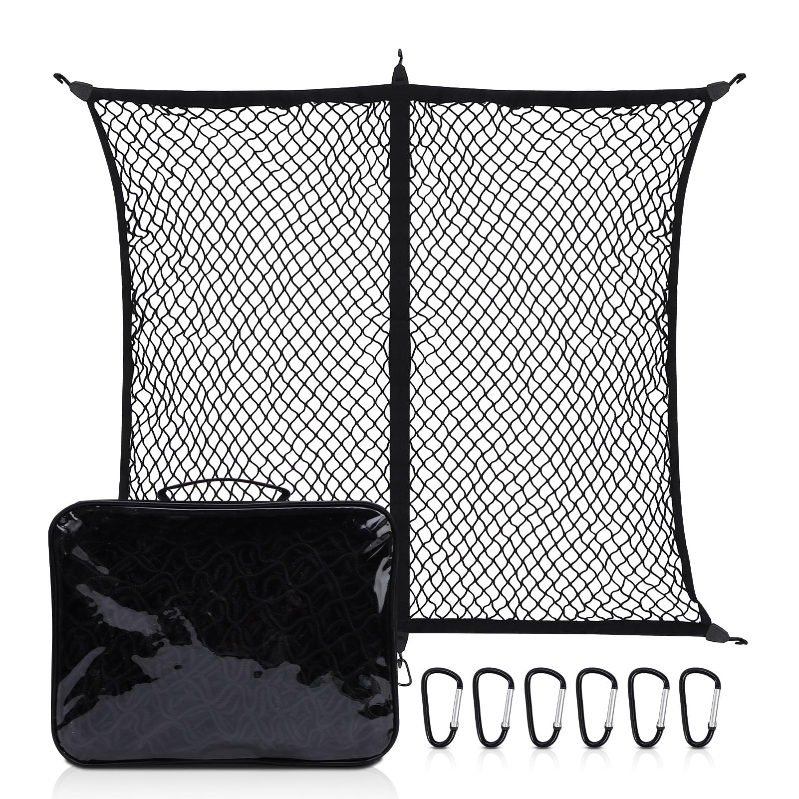 Filet à Bagages Hautement Élastique, 3.9 X 3.9ft Extensible Jusqu'à 6.9 X 6.9ft (Une Couche), Filet à Bagages avec 6 Mousquetons en Acier +Sac de Rangement pour Camionnette SUV, Camions et Caravanes