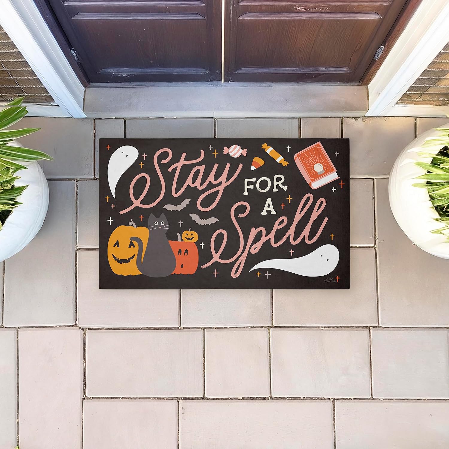 Stupell Industries Stay for Spell Halloween Welcome Outdoor Door Mat, Durable Non-Slip Unwoven Mat with Recycled Rubber Backing, Weather-Resistant Witchy Halloween Design by Laura Marshall, 18"x30"