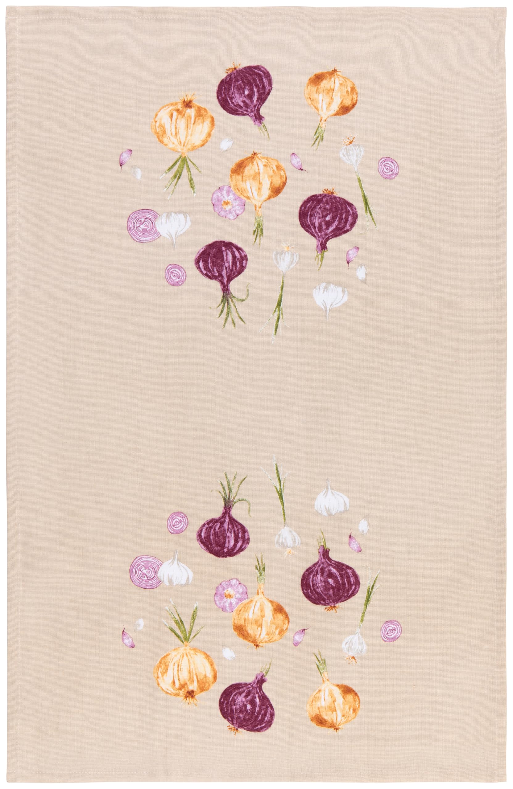 Now Designs Aromatics Dishtowel, Watercolor Onions &amp; Garlic Print, 100% Cotton, W18 x L28in