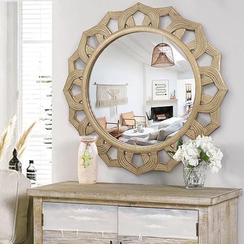 Espejo de pared redondo dorado, espejos decorativos vintage de granja, espejo de pared grande de catedral circular rústico para baño, dormitorio,