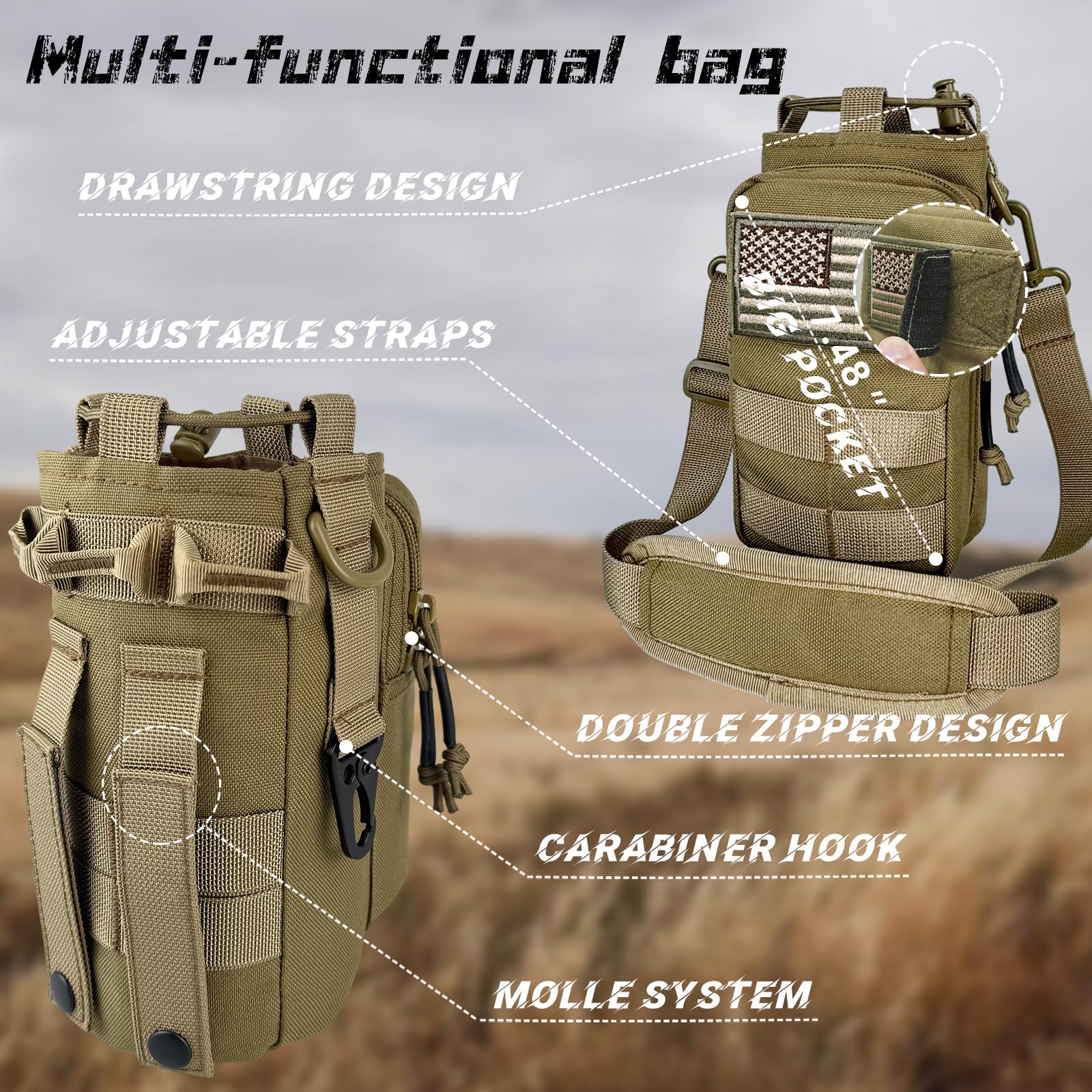 Isolierte Wasserflasche mit Hülle, taktischer Edelstahl-Metall-Wasserkrug, breite Öffnung, Fitnessstudio, Wasserflaschen für Herren, Sport, Workout, Wandern, mit Tasche, Khaki