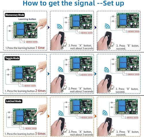 Miniatura 7 de AC 110V 120V 220V Control remoto inalámbrico RF interruptor de relé universal 2-Ch receptor con 2 transmisores para abridores de puertas de garaje,