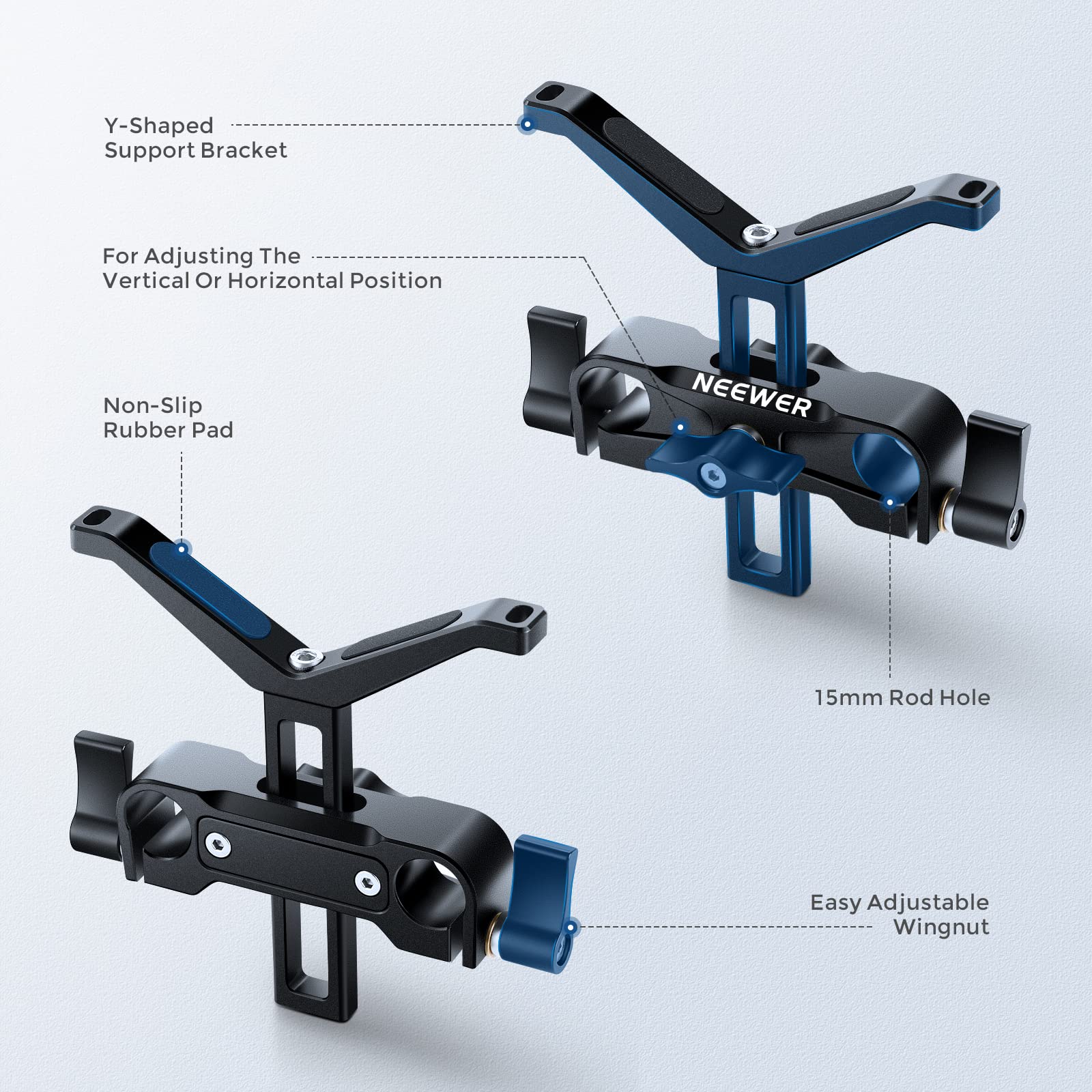 NEEWER Staffa di supporto per obiettivo lungo teleobiettivo, con altezza regolabile di 53 mm, compatibile con TILTA NICEYRIG DSLR Camera Shoulder Rig Follow Focus con aste da 15 mm - LSB53