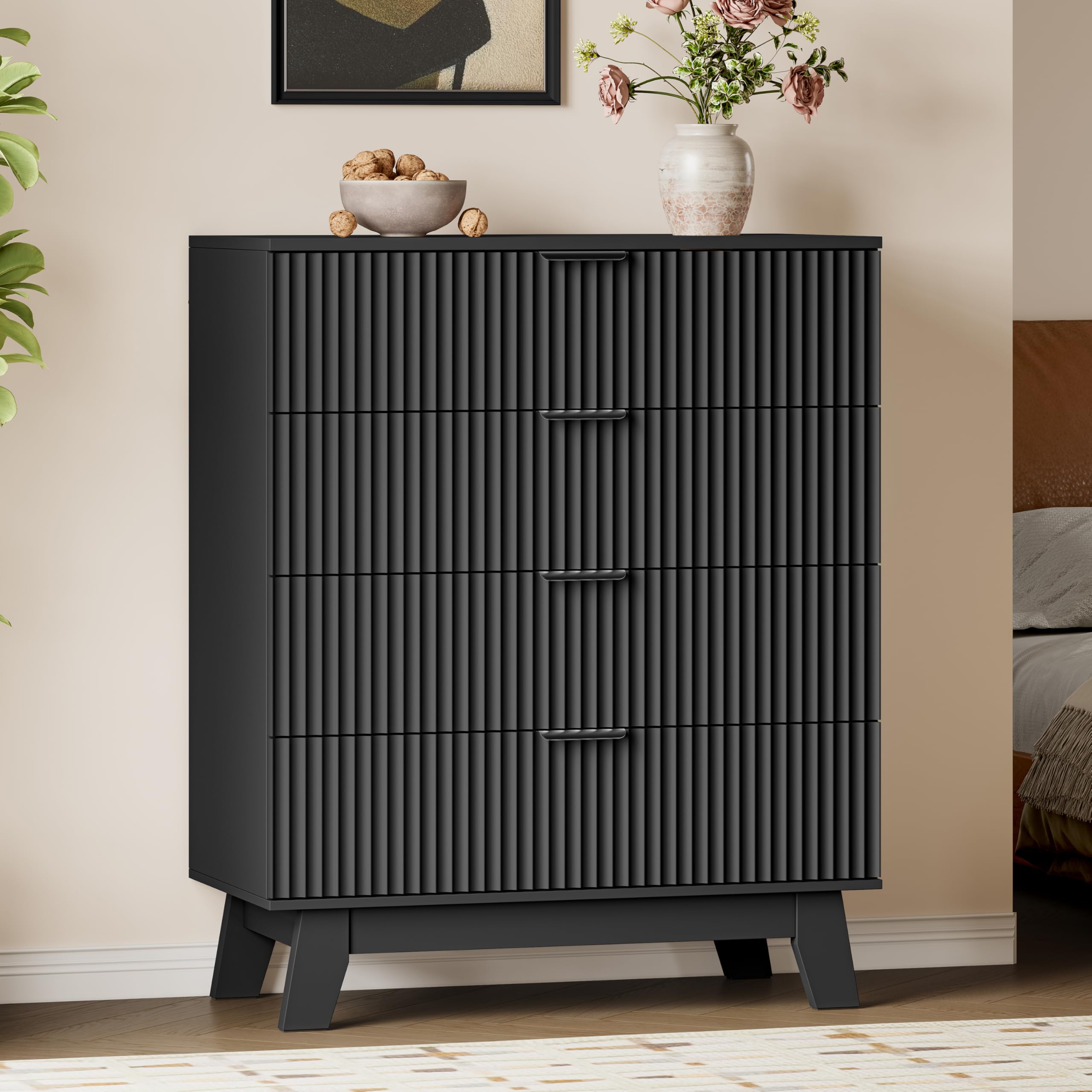 BORNOON 39" Tall Dresser for Bedroom, 4-Drawer Fluted Chest of Drawers, Modern Wood Highboy with Deep Storage, Metal Slides &amp; Handles, Anti-Tip Kit, Vertical Clothes Organizer for Apartment, Nursery