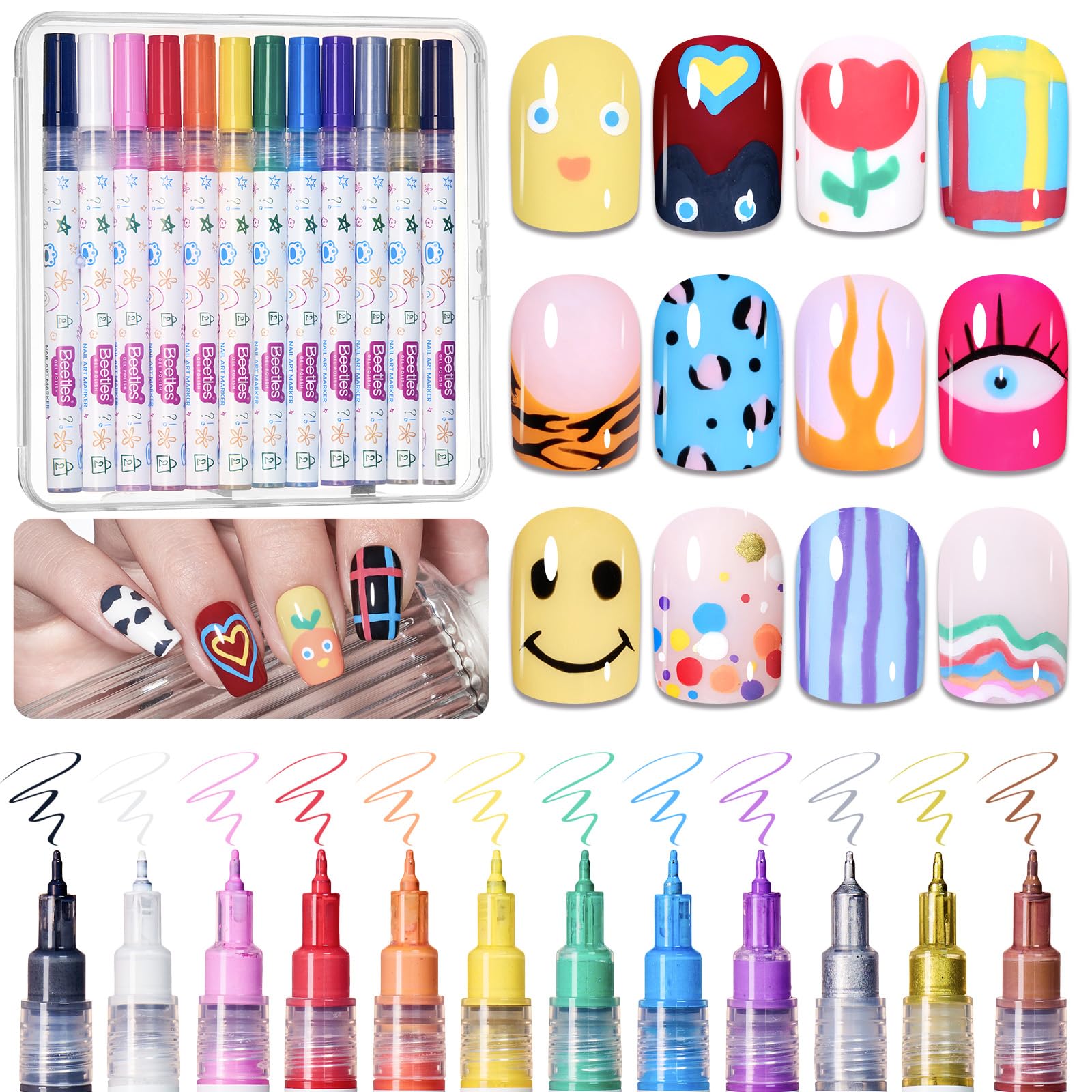 Beetles 12 Colors Nail Art Pens 0 5mm Fine Line Nail Polish Pens Quick Air Drying Acrylic Paint