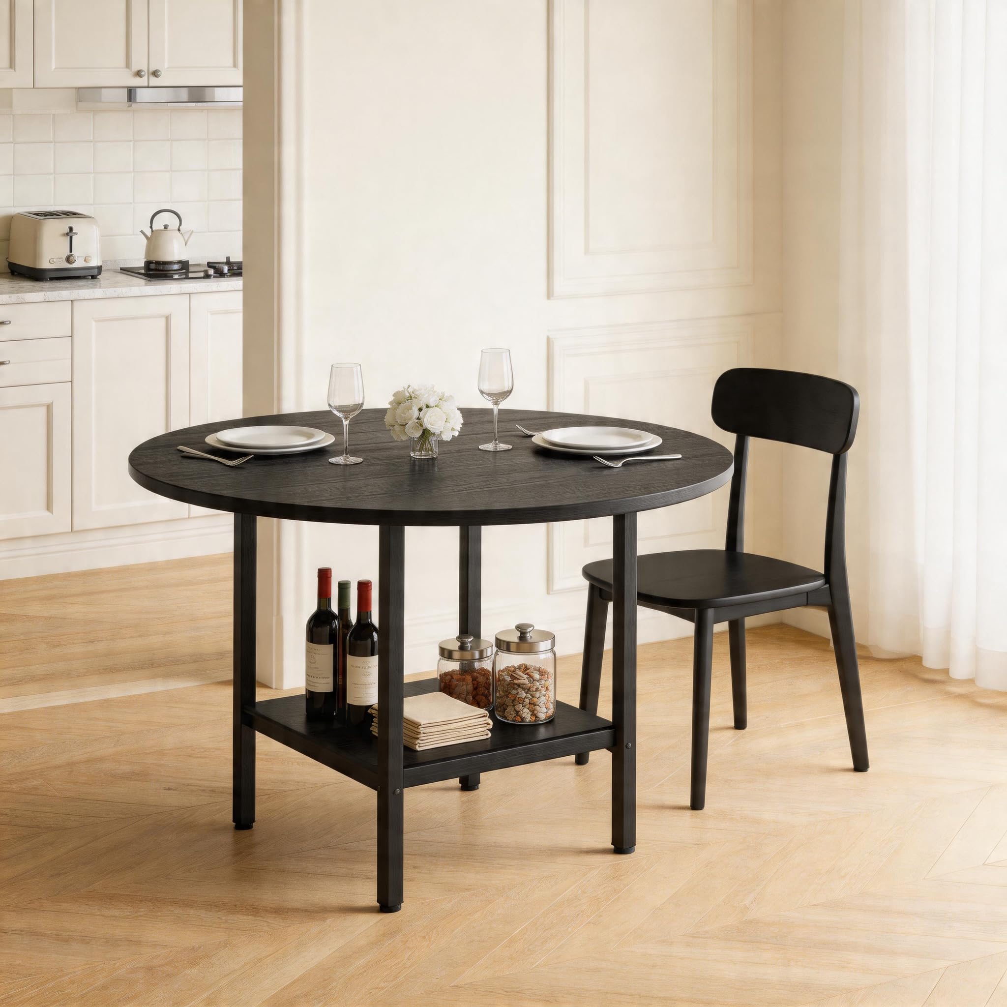 TIZZ Moderno tavolo da pranzo rotondo con ripiano portaoggetti, venature del legno nero e telaio in metallo nero, per 4-6 persone, ideale per cucina, sala da pranzo e piccoli spazi