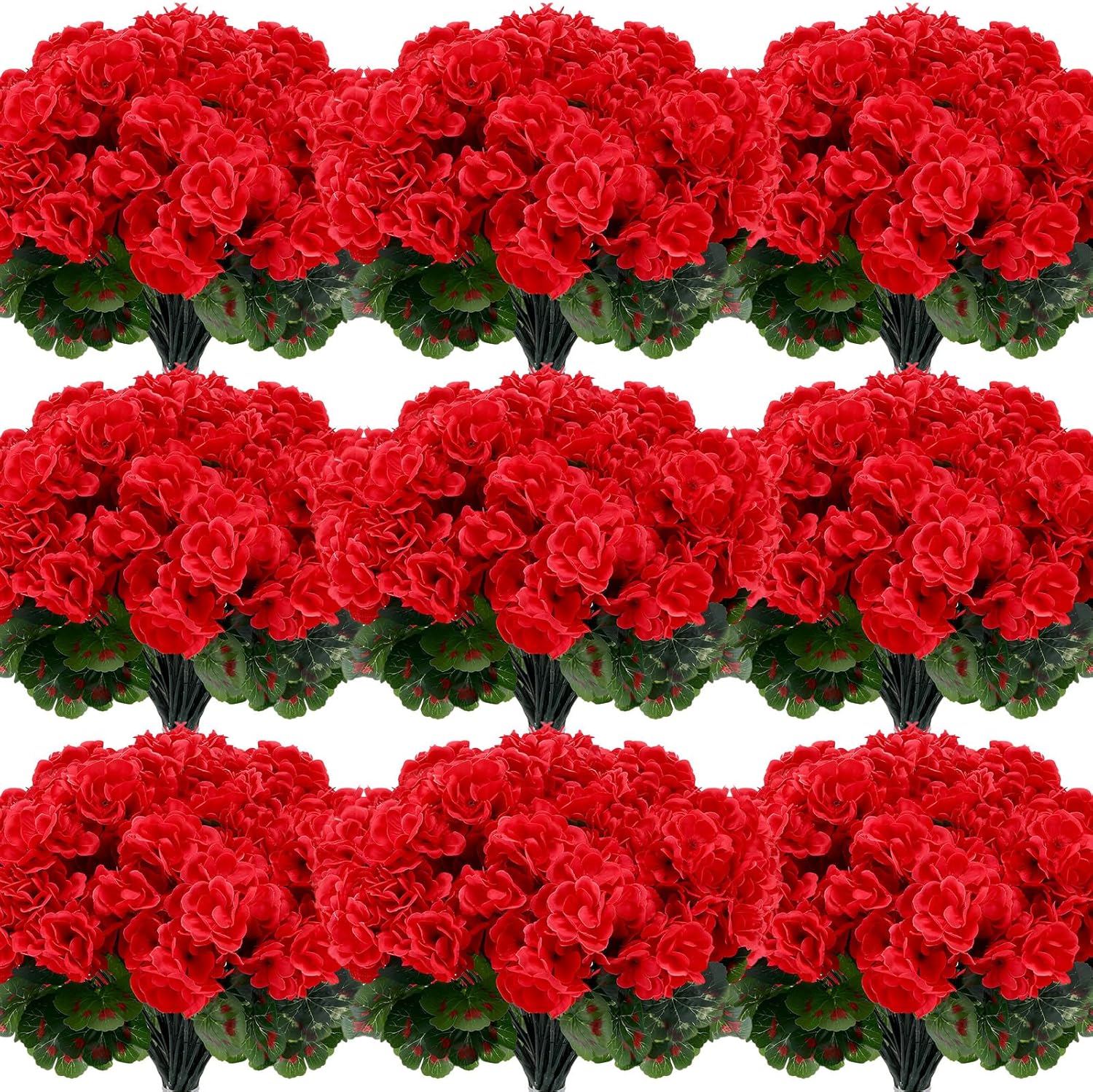 Hoteam 24 Bundles Artificial Geranium Flowers for Outdoors, Realistic Fake Flower Silk Faux Geranium Plants UV Resistant Outside for Garden Patio Kitchen Table Centerpiece Decor (Red)