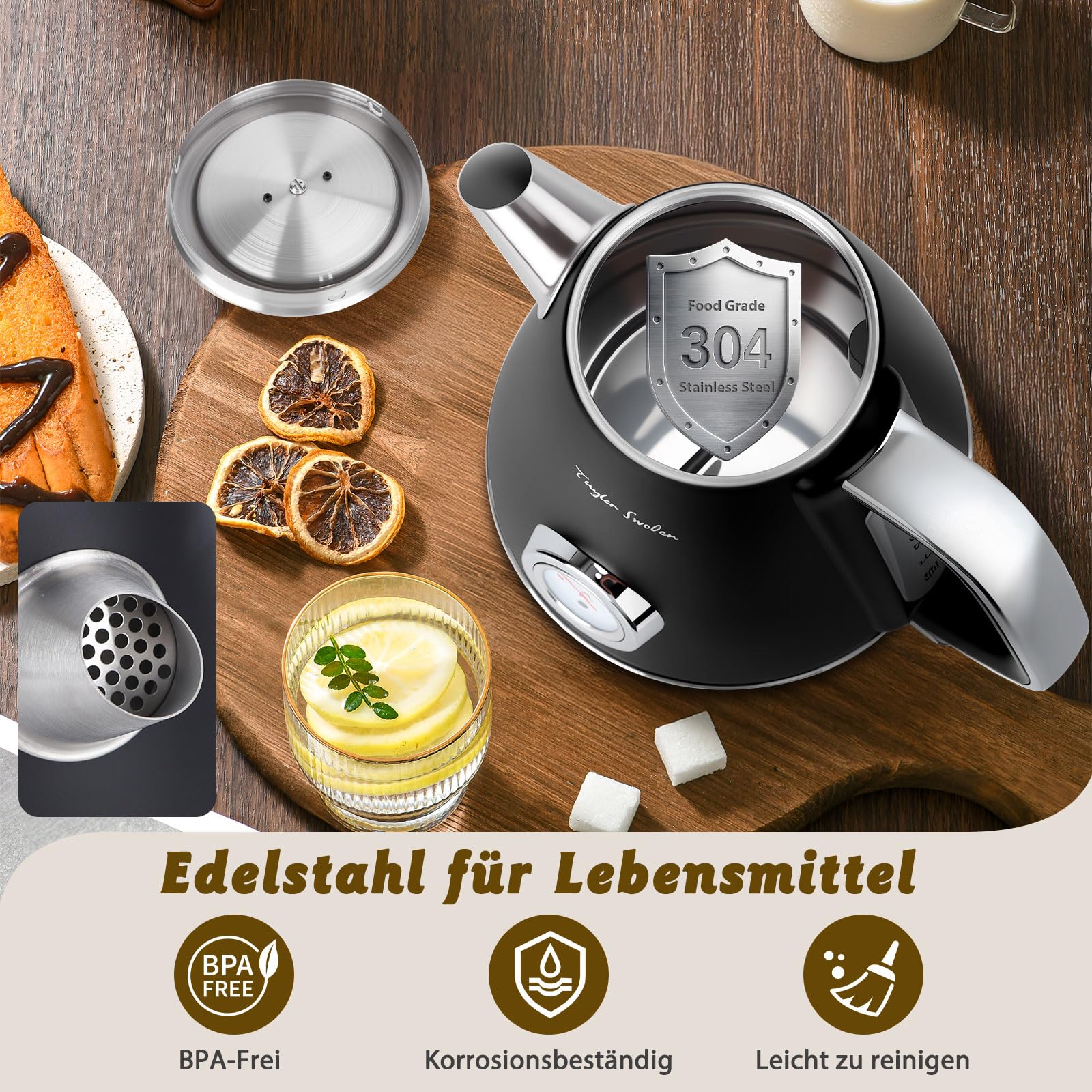 Taylor Swoden Retro Wasserkocher 1,7L Mit Temperaturanzeige Edelstahl 2200W | Mit analoger Temperaturanzeige, beleuchteter Wasserstandsanzeige, Anti-Kalkfilter und Abschaltautomatik