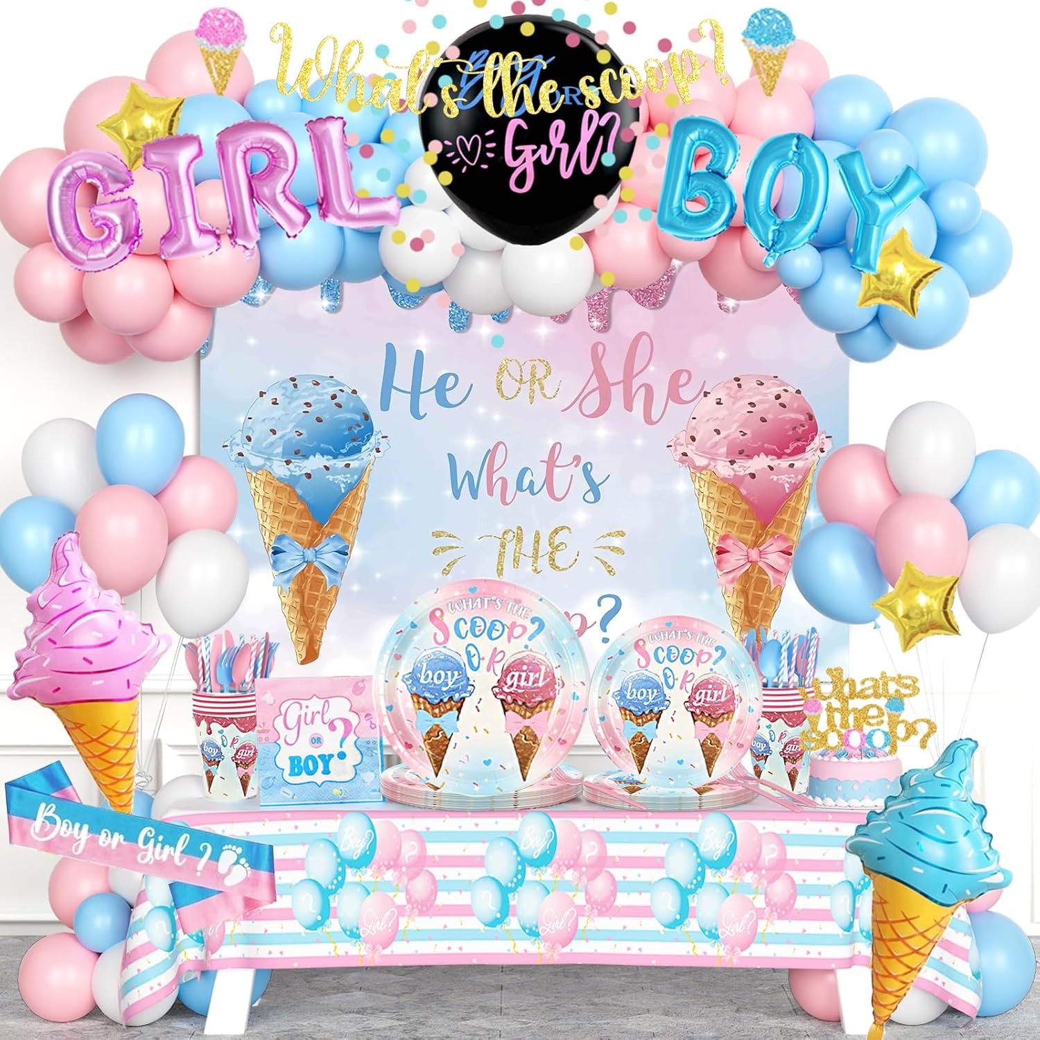Whats The Scoop Gender Reveal Decorations, Ice Cream Boy or Girl Party Supplies, Pink and Blue Backdrop Banner Balloon Tablecloth Plate Napkin Cup Straw Knife Spoon Fork Sash 230 PCs