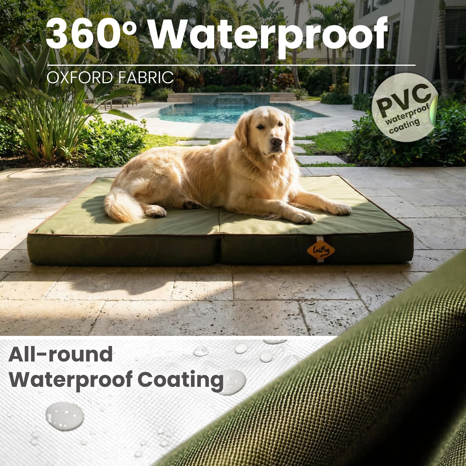Laifug Cama Plegable Impermeable para Perros Grandes, Cama ortopédica para Perros al Aire Libre con Funda extraíble Lavable, colchón para Mascotas con Asas, Verde Militar (44 x 32 x 3.5 Pulgadas)
