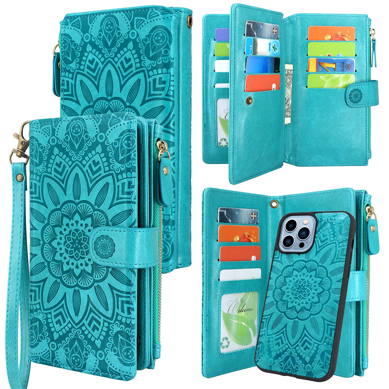 HarryshellCompatible with iPhone 13 Pro Max 6.7 inch 5G 2021 Wallet Case Detachable Magnetic Cover Zipper Cash Pocket Multi Card Slots Holder Wrist Strap Lanyard Floral Flower (Blue Green)