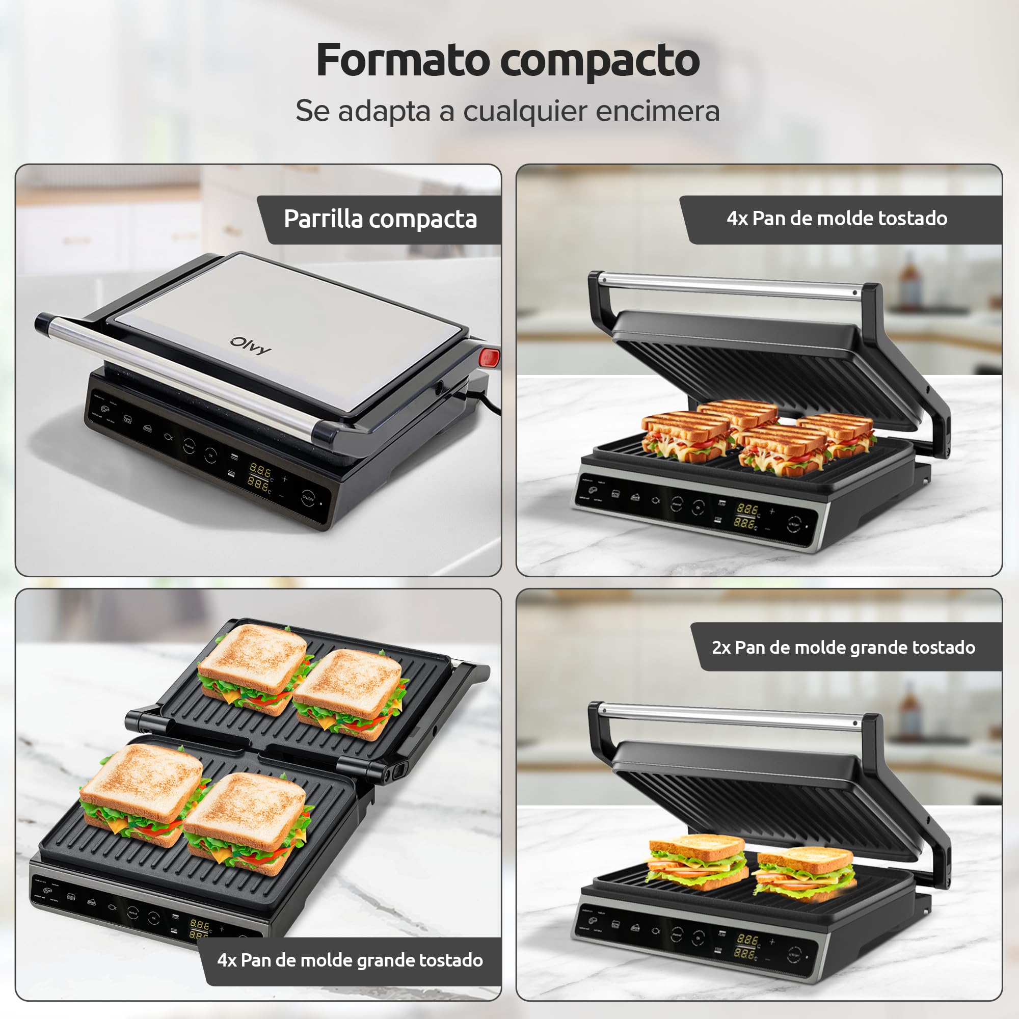 Olvy Parrilla de Contacto con Pantalla Táctil - Sin PFAS - 7 Programas Automáticos - Apertura 180° 1800W - Placas Antiadherentes - Termostato & Temporizador - Sandwichera & Grill para Paninis de Ace
