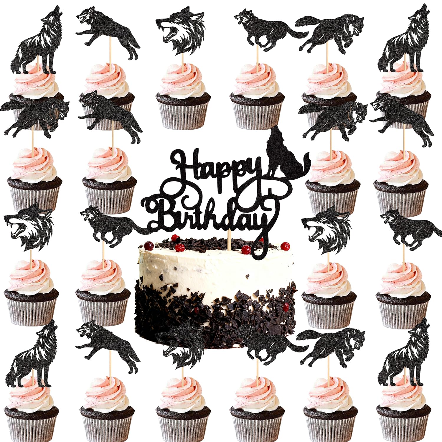 21Pcs Wolf Happy Birthday Cake Decorations, Sparkling Wolf-Themed Party Decor, Kids Birthday Party Supplies, Baby Shower, Jungle Animals, Wildlife
