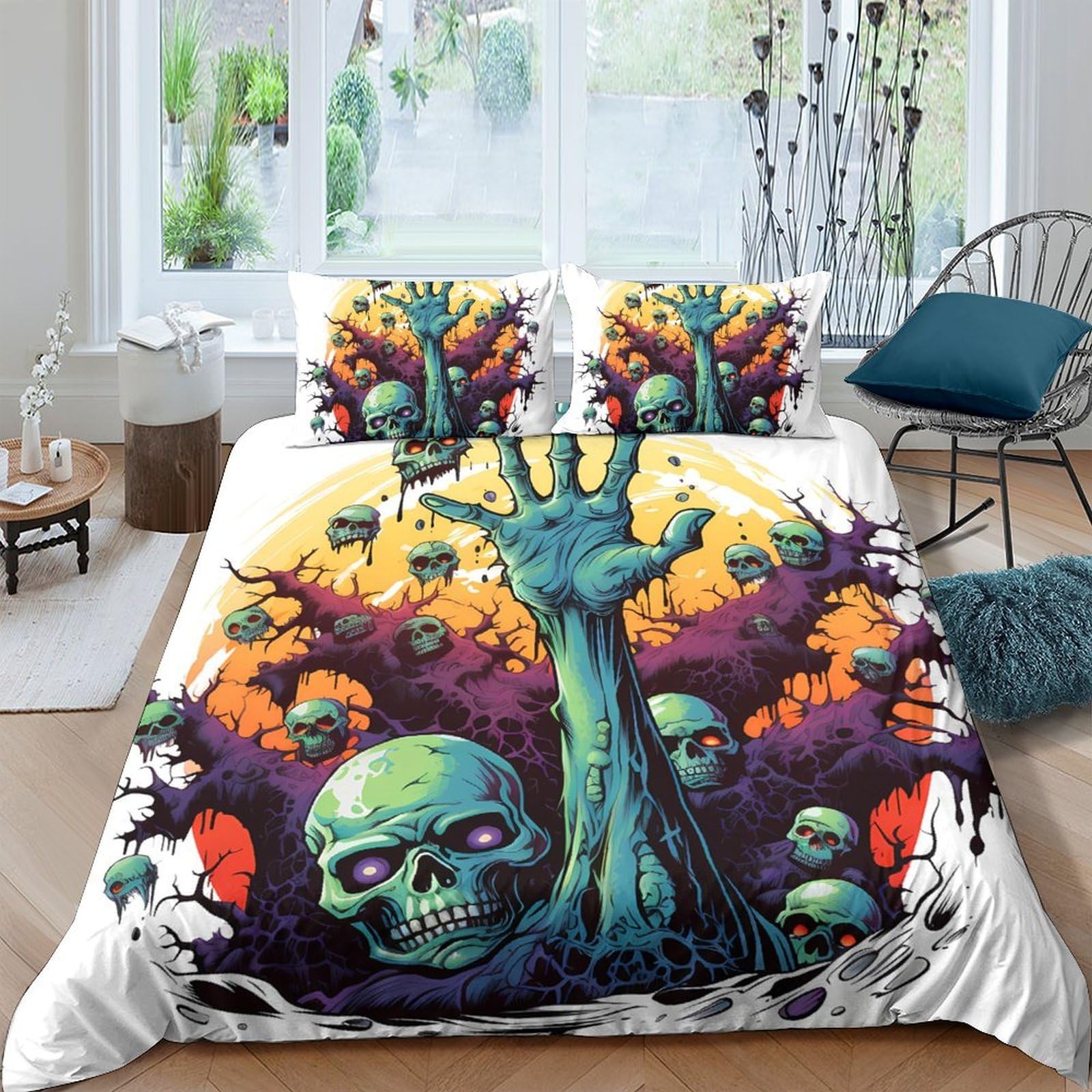 GPLZQXKJNH 3D Printed Horror Skull Duvet Cover Microfiber Soft Breathable Zombie Hand Bedding Set with 2 Pillowcases for Bedroom Decor Single（135x200cm）