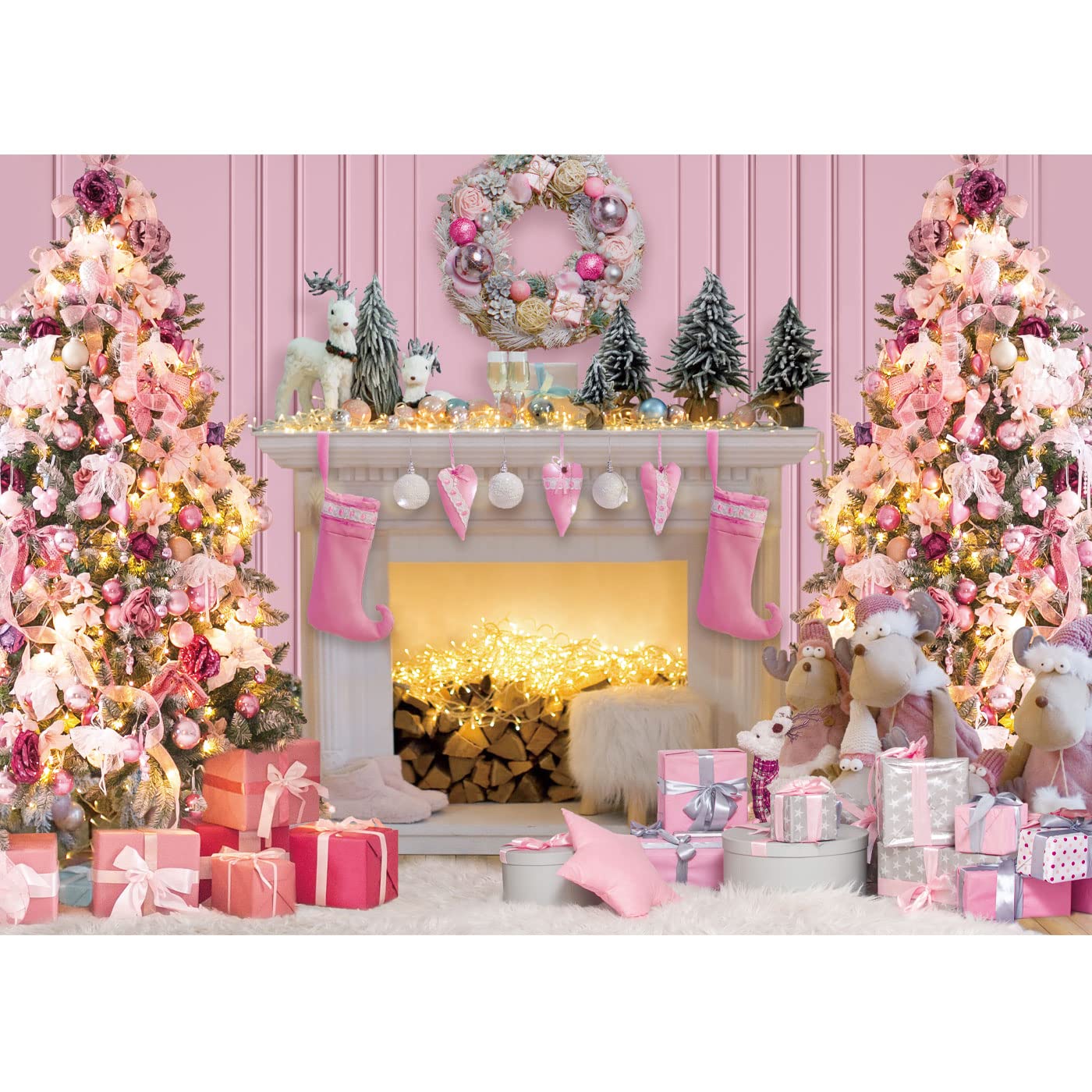 Pink Christmas フォトフレーム☃　完成品 Maijoeyy 7x5ft Pink Christmas Photography Backdrop Christmas