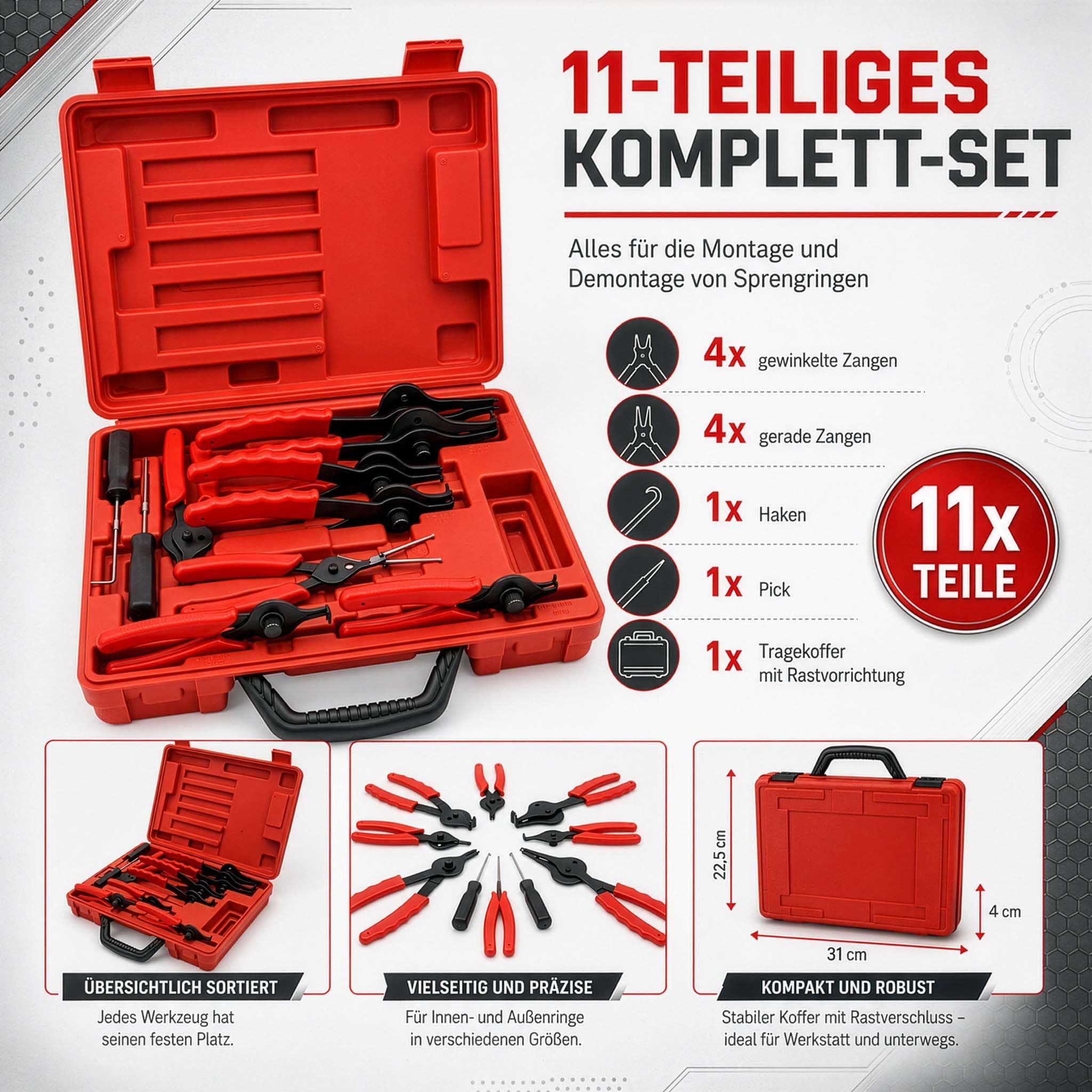 Wiltec Sprengring Zange 11 teilig, 12,7-203 mm, Seegeringzange für Außenringe und Innenringe, Sicherungszangen Set im Koffer