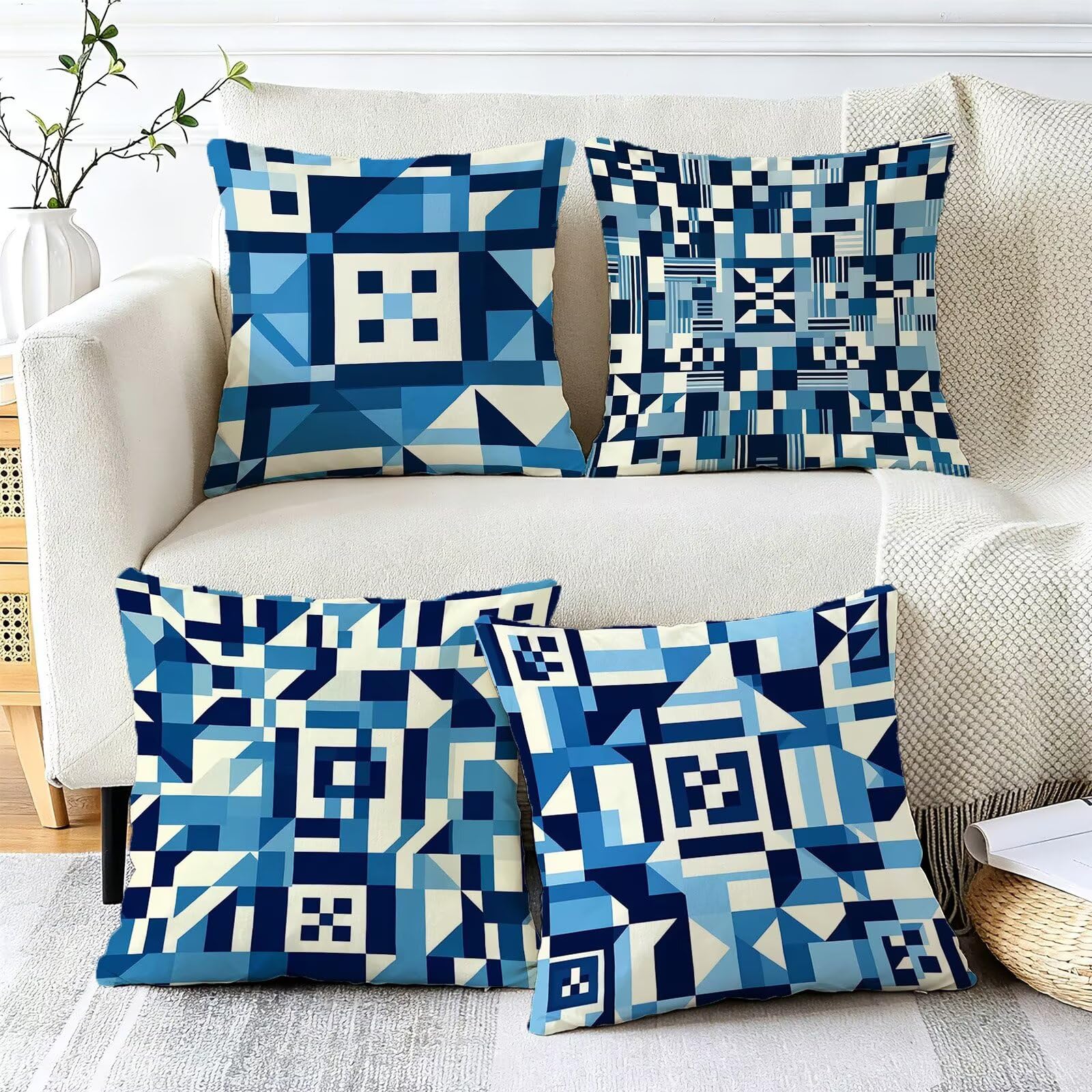 Blu Federe Cuscini Divano 60x60cm, Cuscini da Esterno Set de 4, Cod-47 | Velour Copricuscini Decorativi Letto Arredo, per Letto, Soggiorno, Giardino, Esterno, Casa Decorazione Set di 4 Geometria