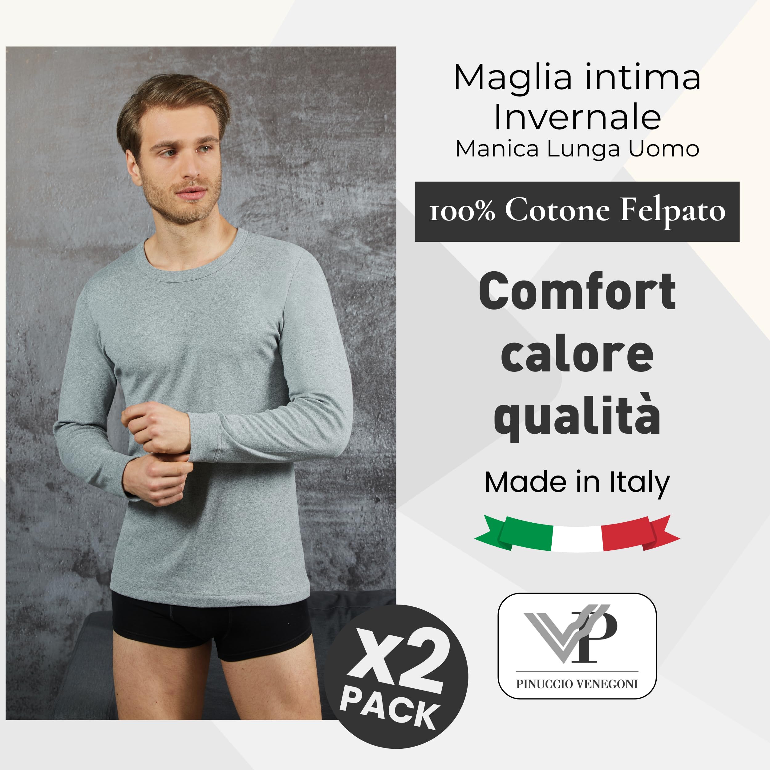 VP PINUCCIO VENEGONI Camiseta de manga larga para hombre (paquete de 2) 100% algodón afelpado | Camiseta térmica para hombre de invierno, cuello redondo, camiseta interior, fabricada en Italia