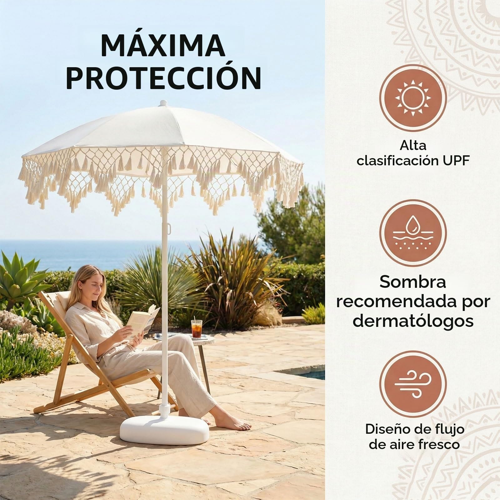 2.0m Sombrilla de Patio con Flecos | Sombrilla de Playa a Prueba de Rayos UV para Exteriores | Sombrilla de Flecos para Jardín Terraza Piscina y Terraza | Anti Viento