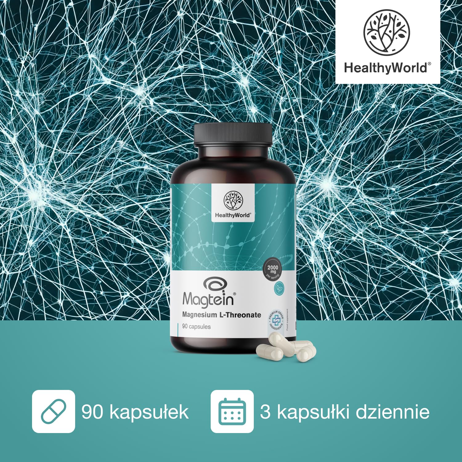 HealthyWorld L-treonian magnezu Magtein 2000 mg – 90 Kapsułek – Opatentowana forma – Wsparcie Układu Nerwowego i Witalności – Wysoka Absorpcja – Bez Alergenów