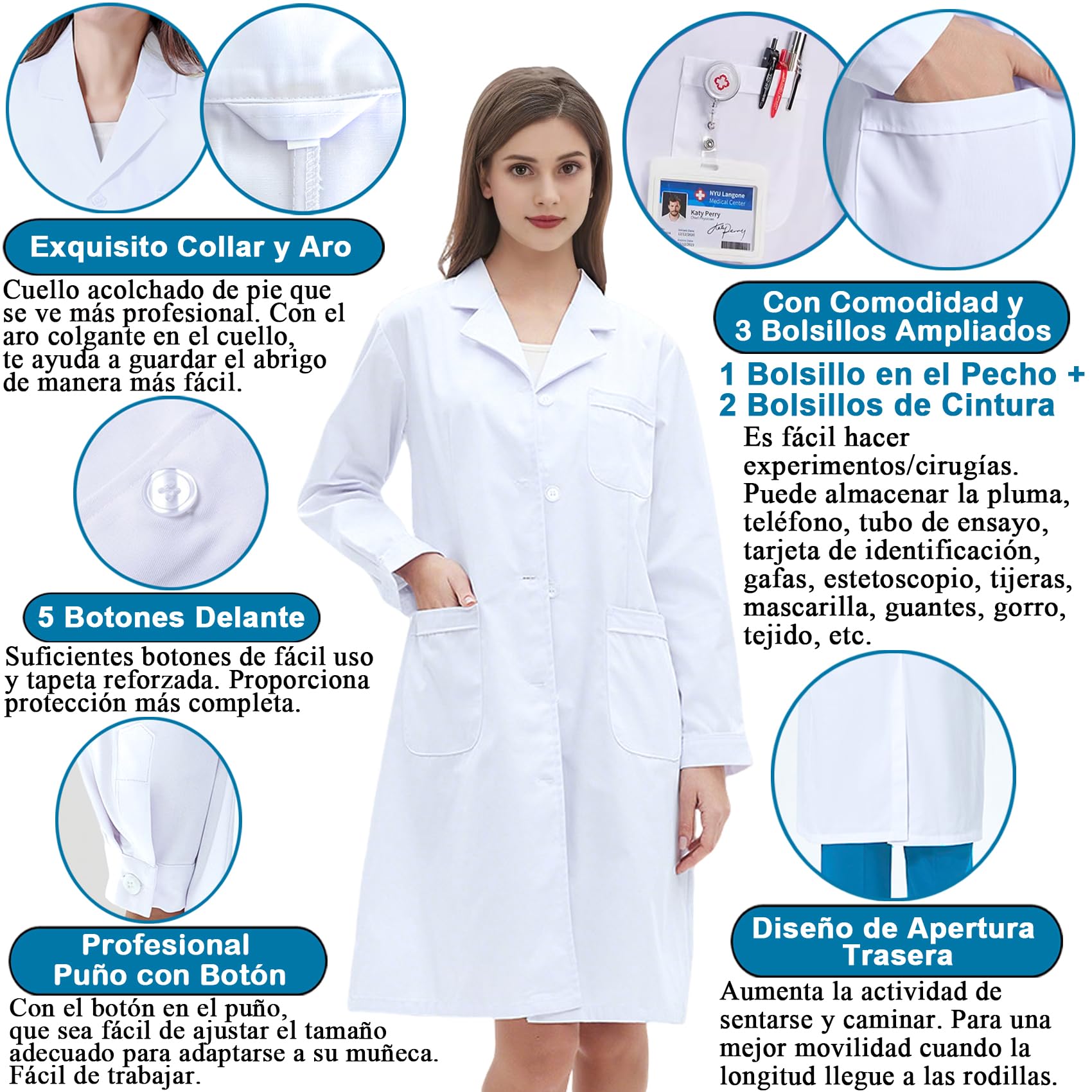 Bata Blanca Laboratorio Algodón Manga Larga con Botón Mujer Hombre