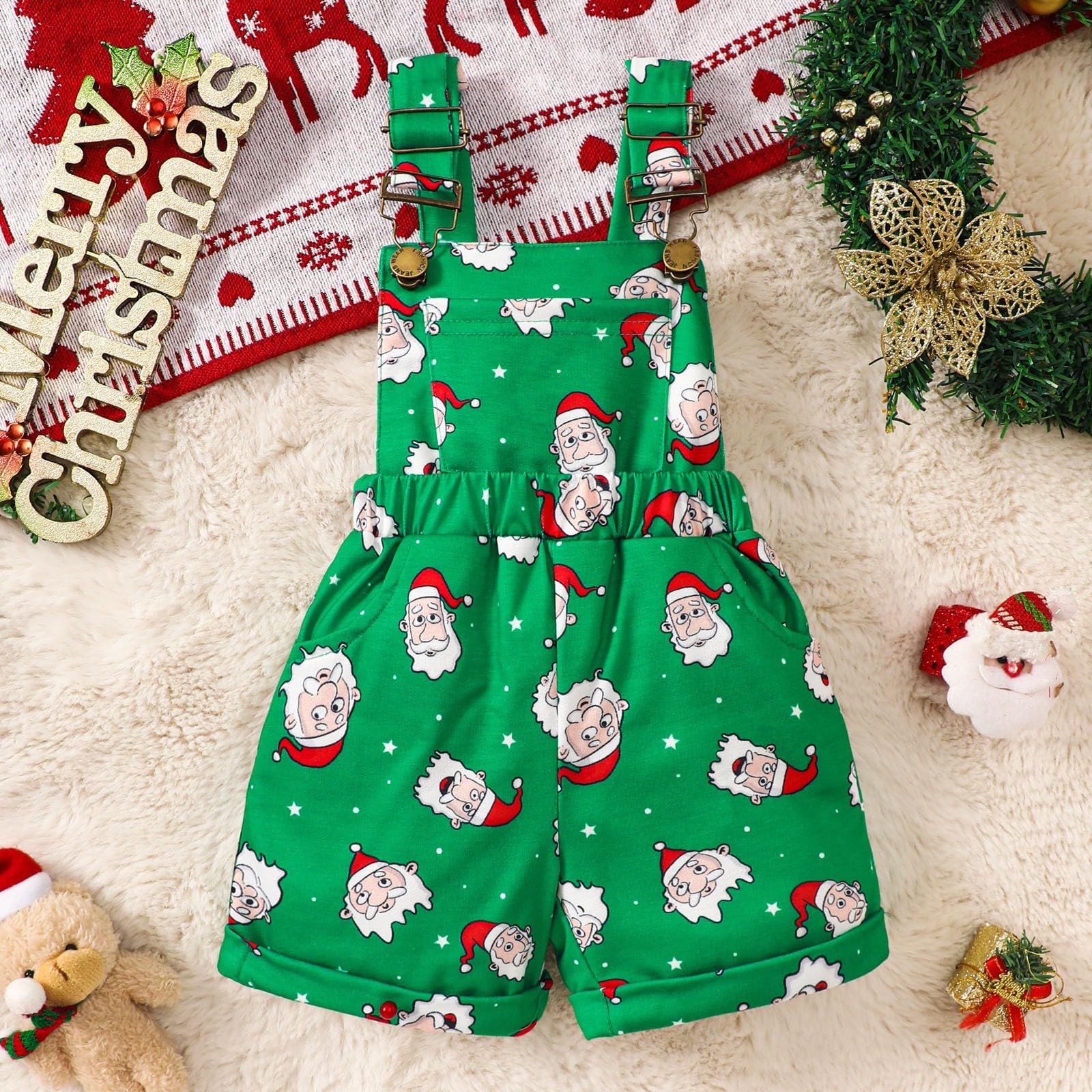 RNTOP Toddler Baby Girl Christmas Clothes Bib Overalls Santa Print Romper Suspender Shorts (Green, 12-18 Months)
