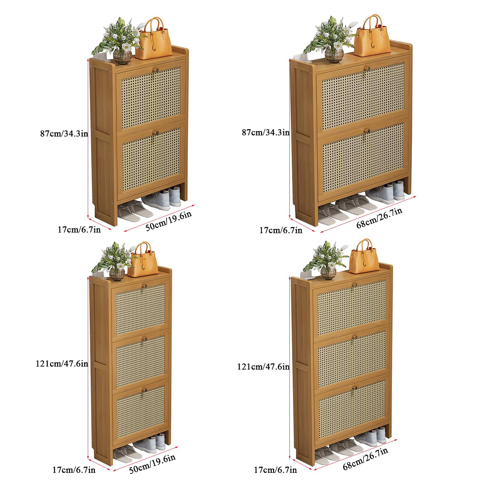 Zapatero estrecho de bambú delgado de 6.7 pulgadas para entrada, almacenamiento que ahorra espacio con puertas abatibles para tenis y pantuflas (marrón, 68 x 17 x 87 cm), elegante y funcional