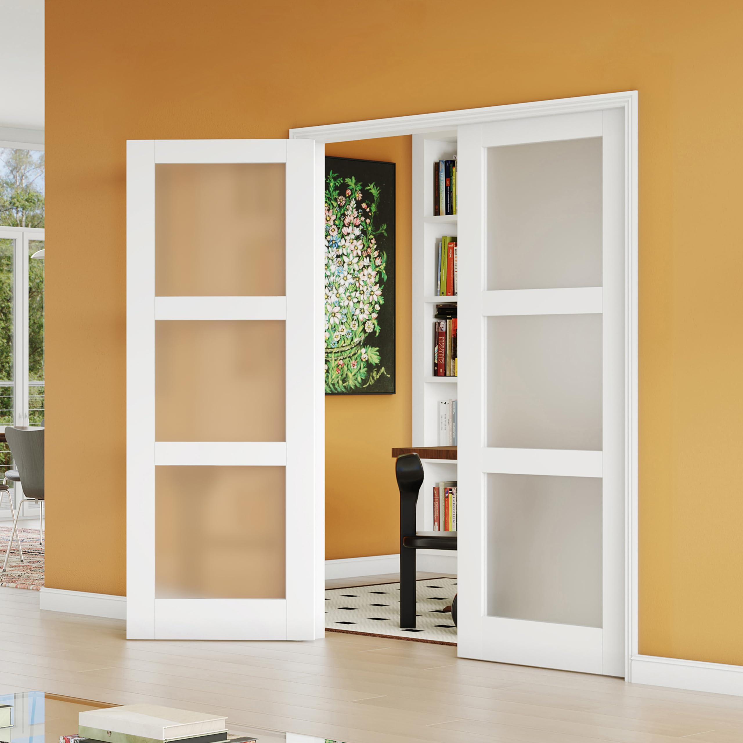 Lakenyon Pantry Doors, 48" x 80", 3-Lite Frosted Glass, French Door, Interior Doors for Closet & Bedroom, Pantry Door Slab - Assembly Required, MDF,