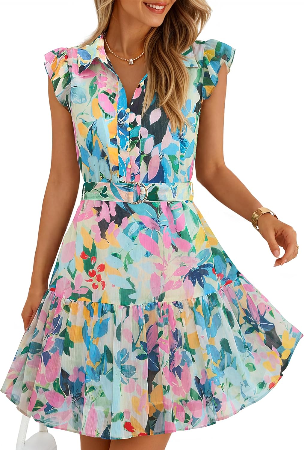 ZESICA Womens Summer Boho Floral Mini Dress 2026 Flutter Short Sleeve Button Chiffon A Line Beach Vacation Party Dresses