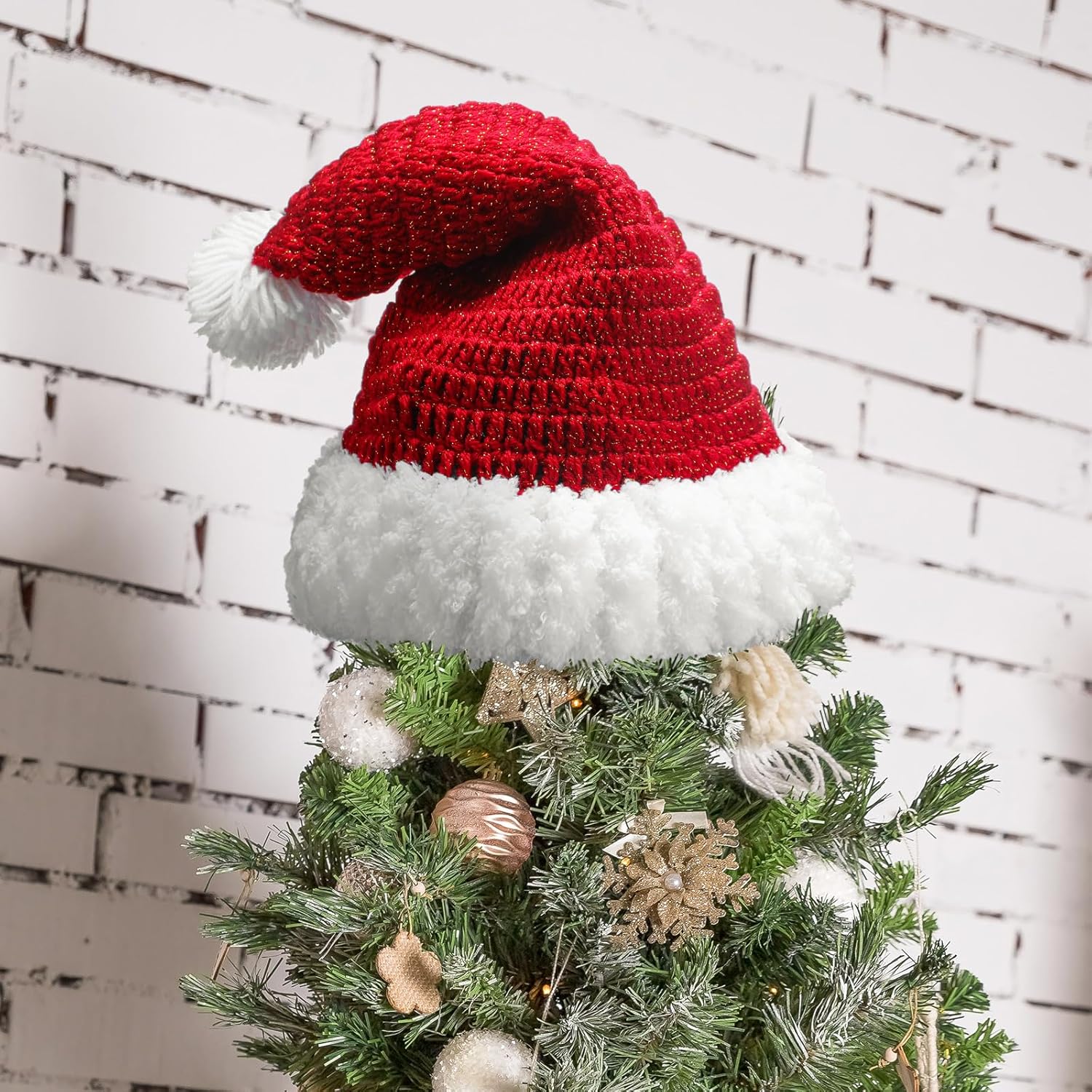 Syhood Christmas Tree Topper Red Crochet Santa Hat Farmhouse Holiday Xmas Decor for Christmas Tree Ornament Party Decoration