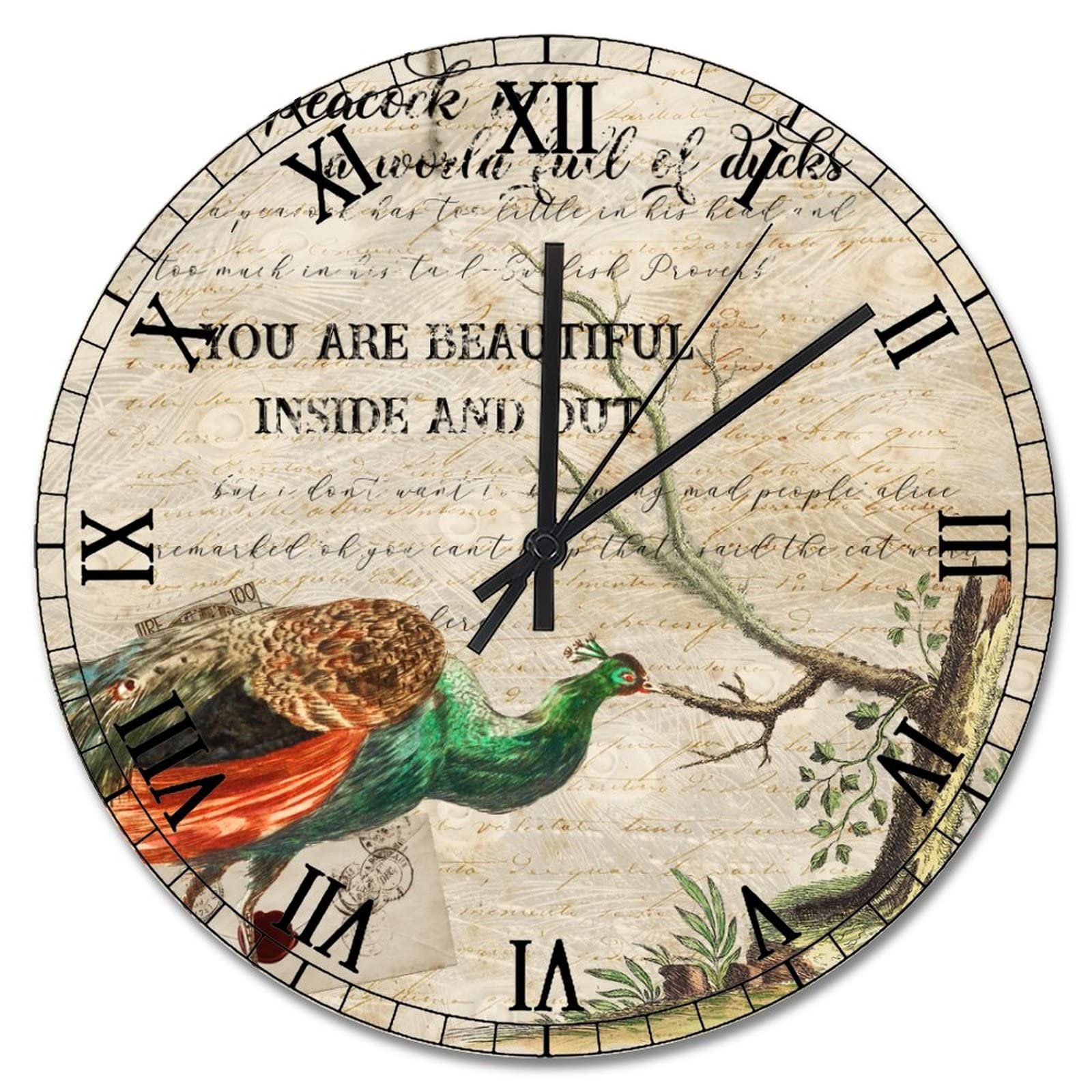 Horloge murale silencieuse à pile avec motif paon et fleurs vintage