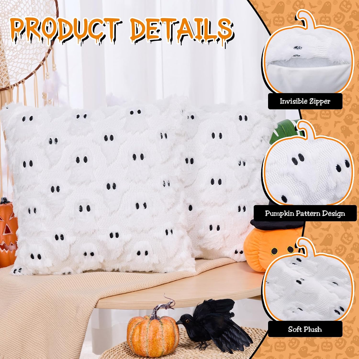 Halloween Pillow Covers Set of 2 White Ghost Throw Pillow Cases 18x18 inch Soft Plush Faux Fur Wool Farmhouse Couch Cushion Case for Chair Sofa Bedroom Living Room Fall Autumn Holiday Home Decorations