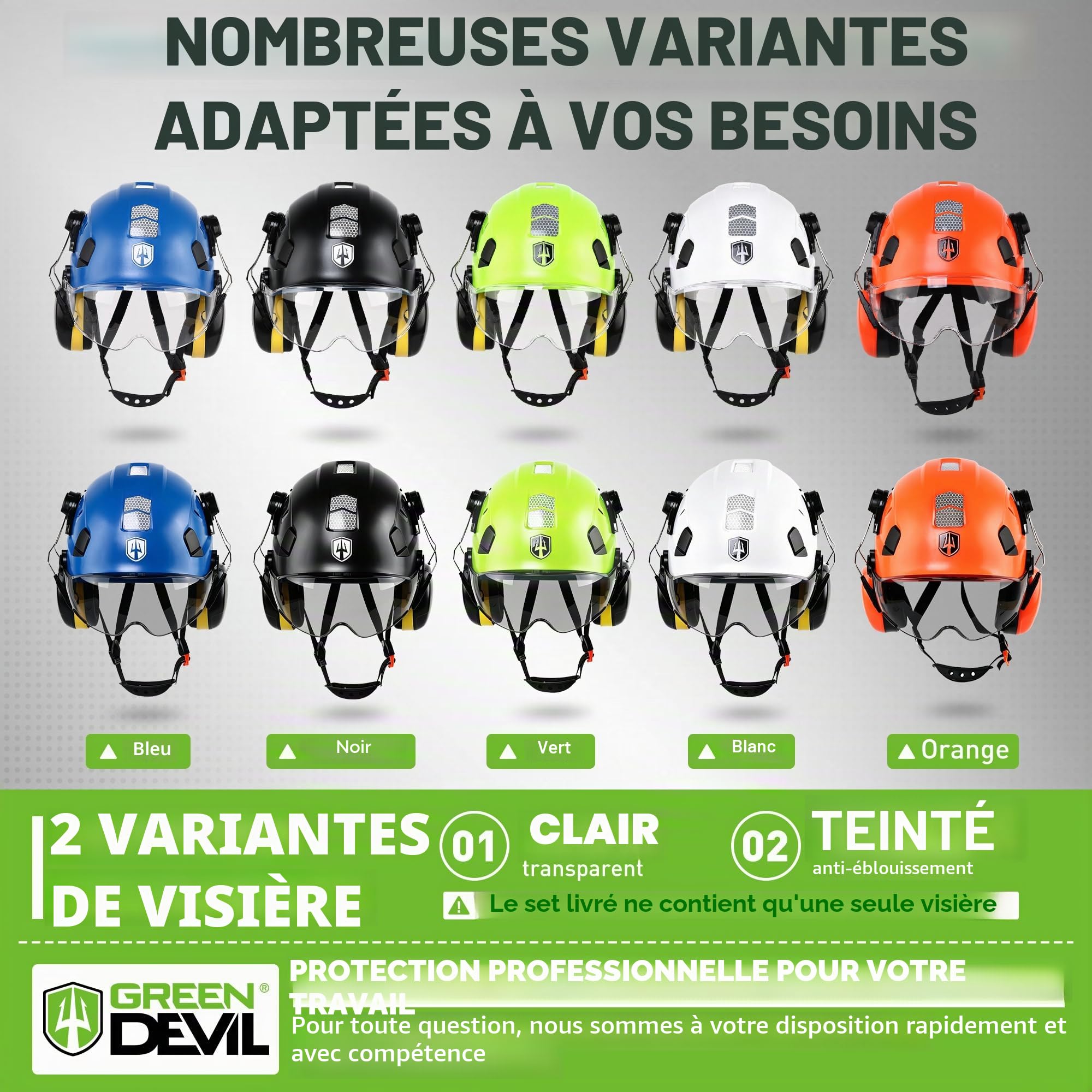 GREEN DEVIL Casque de Protection de Travail avec visière Transparente et Protection auditive - Casque de sécurité ABS réglable - Casque de sécurité ventilé avec Casque Industriel en 397 (Noir)