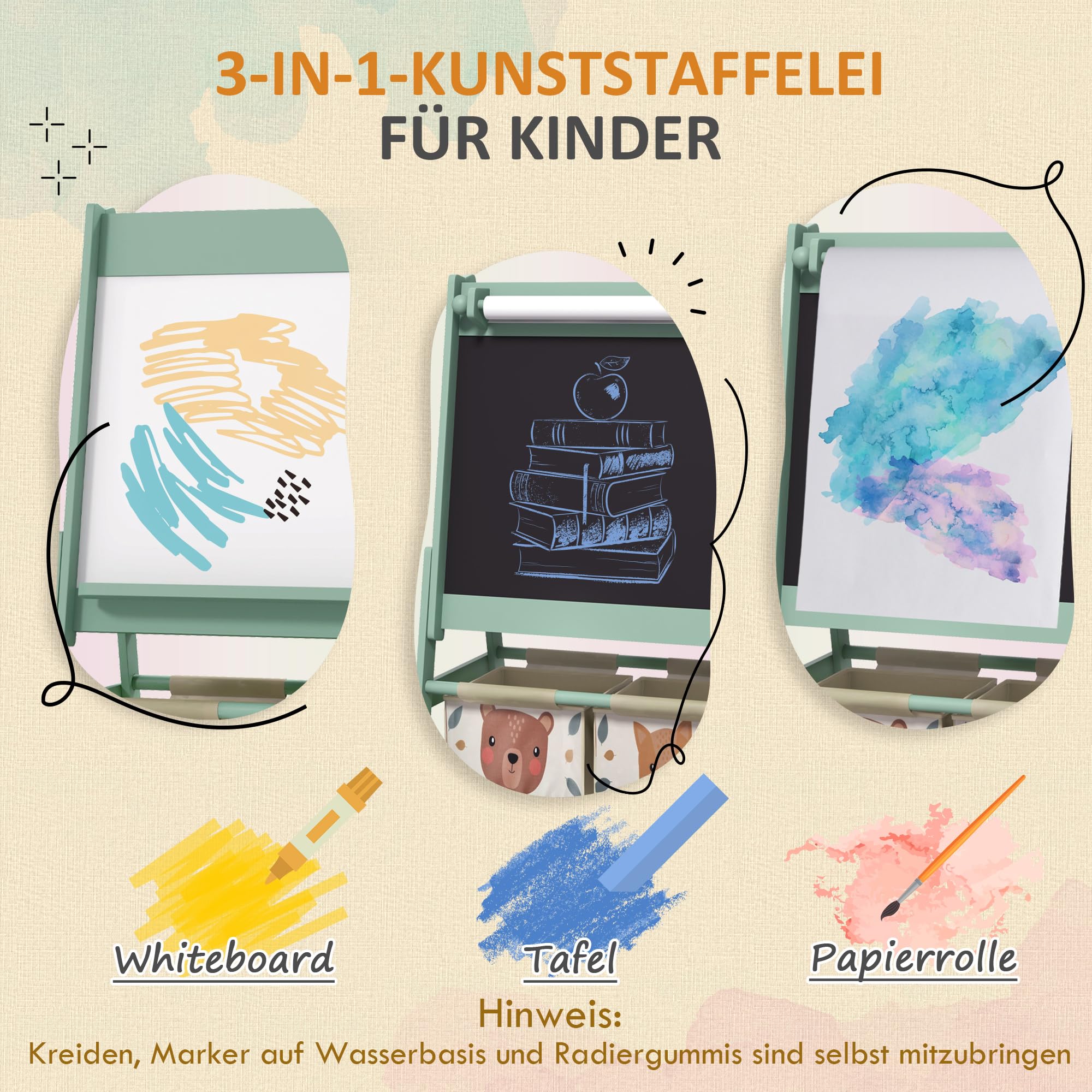 AIYAPLAY Kinder Staffelei, Kindertafel Doppelseitige Whiteboard und Tafel Standtafel mit Papierrolle, inkl. Zubehör für Kinder Jungen & Mädchen 3-8 Jahre