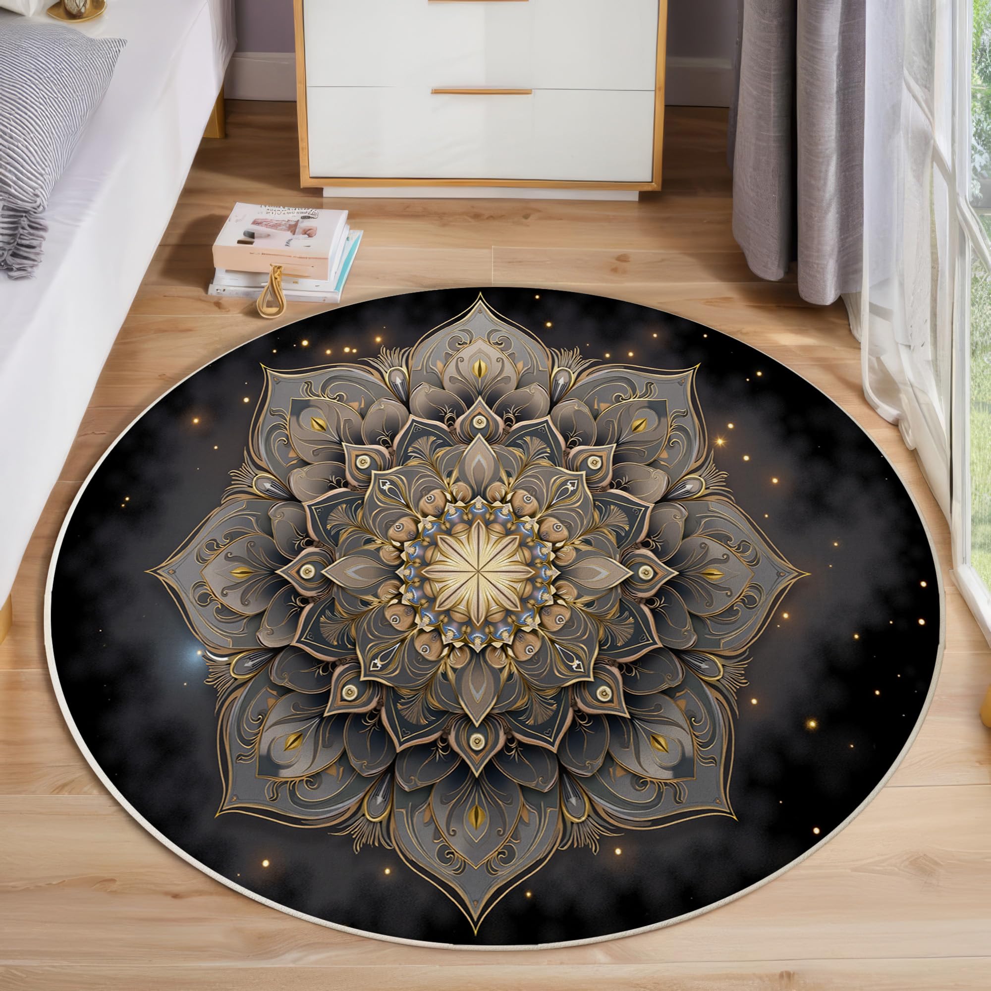 Tapis rond mandala 60cm lavable et antidérapant pour chambre enfant