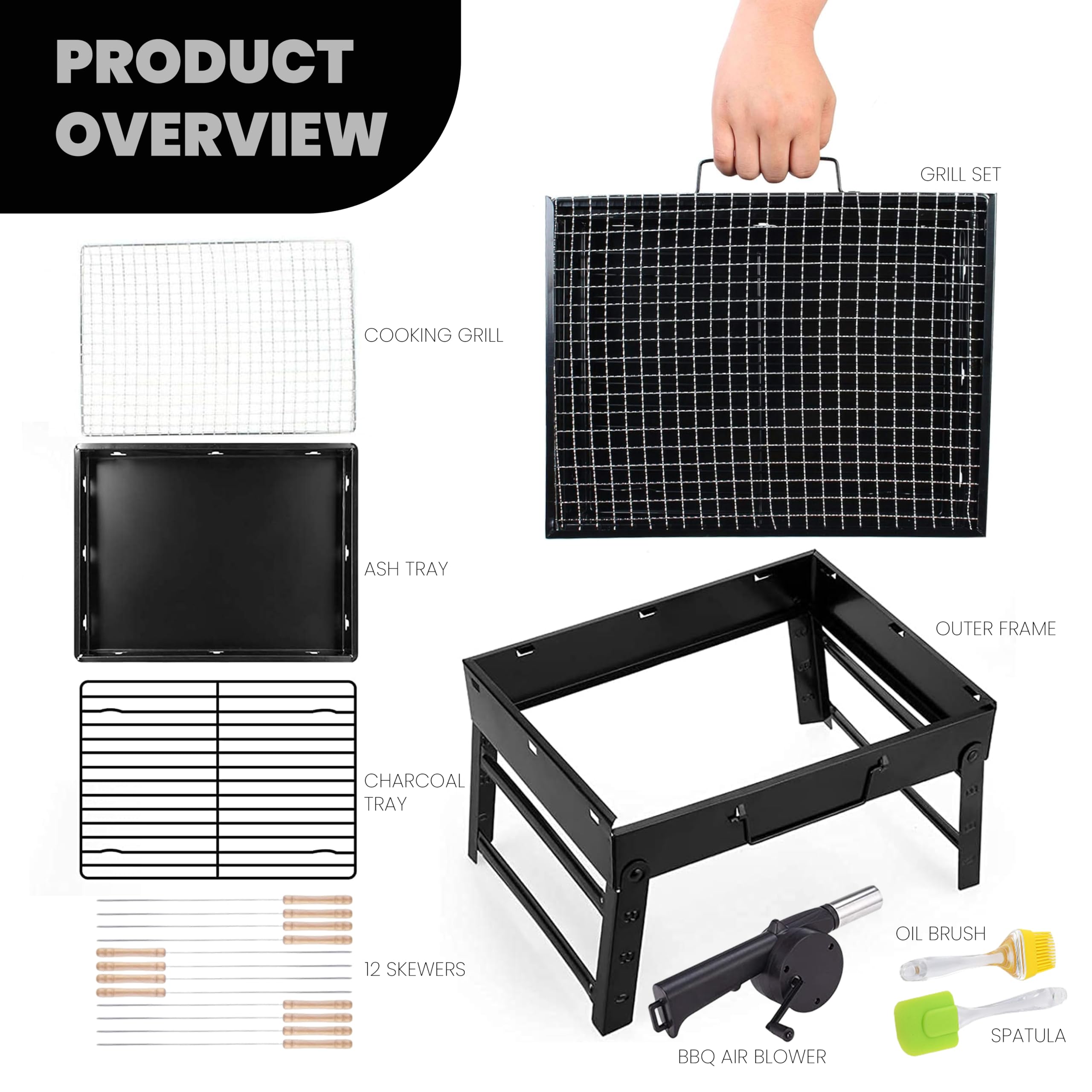 ORILEY Portable Charcoal Heavy Duty Barbeque Grill | 12 Sticks | 1 Air Blower | 1 Spatula & 1 Oil Brush Standing Foldable BBQ Tools for Home Outdoor Camping Picnic Travel Cooking (Set of 1, Black) - Image 2 thumbnail