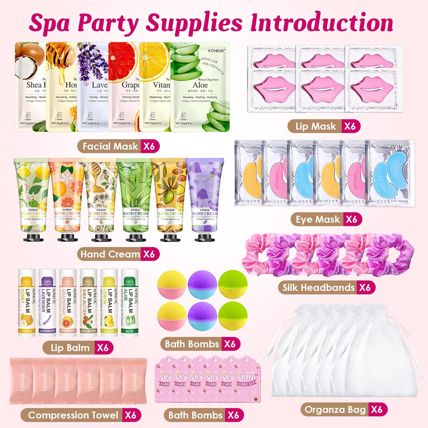 60PCS Spa Party Supplies for Girls, Include Face Masks, Hand Cream, Lip Balm, Foot Bath Bombs, Lip Mask, Under Eye Patches, Compressed Towels, Spa Birthday and Sleepover Party Supplies for Girls Women - Image 2