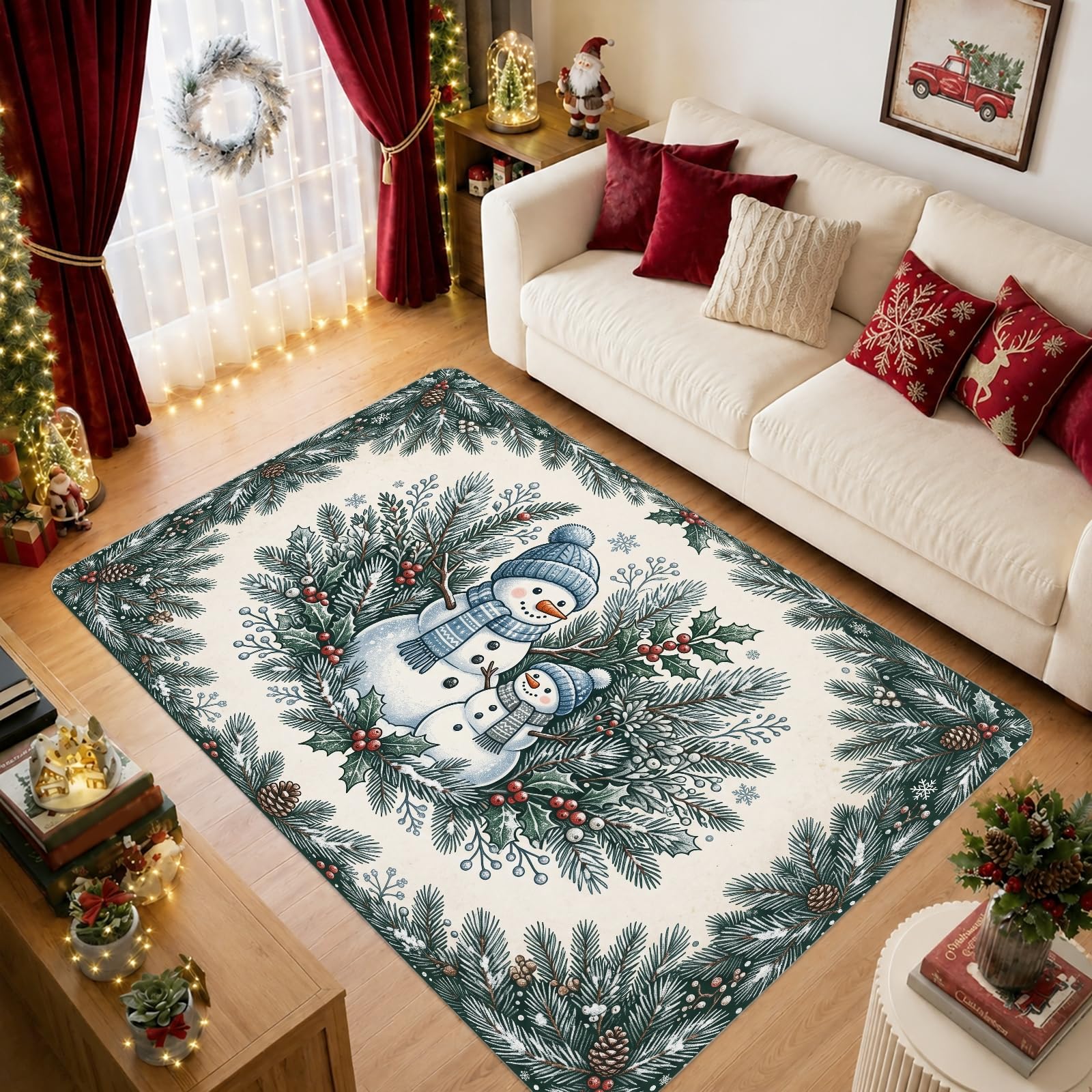 Snow Man and Pine - Alfombra de área navideña con escena de invierno de 5 x