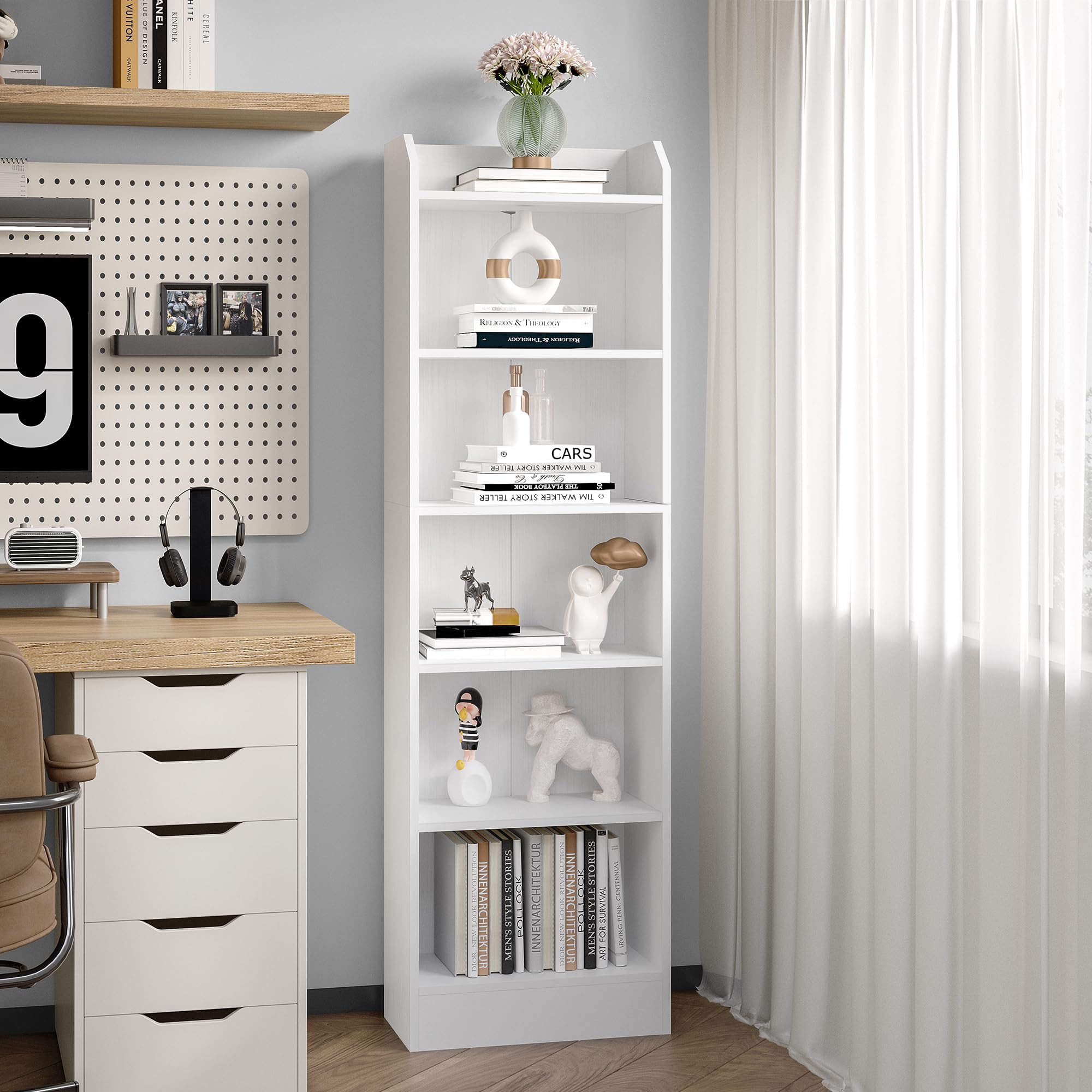 Hzuaneri Librería, Estantería de pie de 6 Niveles, Estantería de Almacenaje, para Objetos de Colección, Paneles Ajustables, para Salón, Oficina, 24 x 48 x 170 cm, Blanco 02903XBC